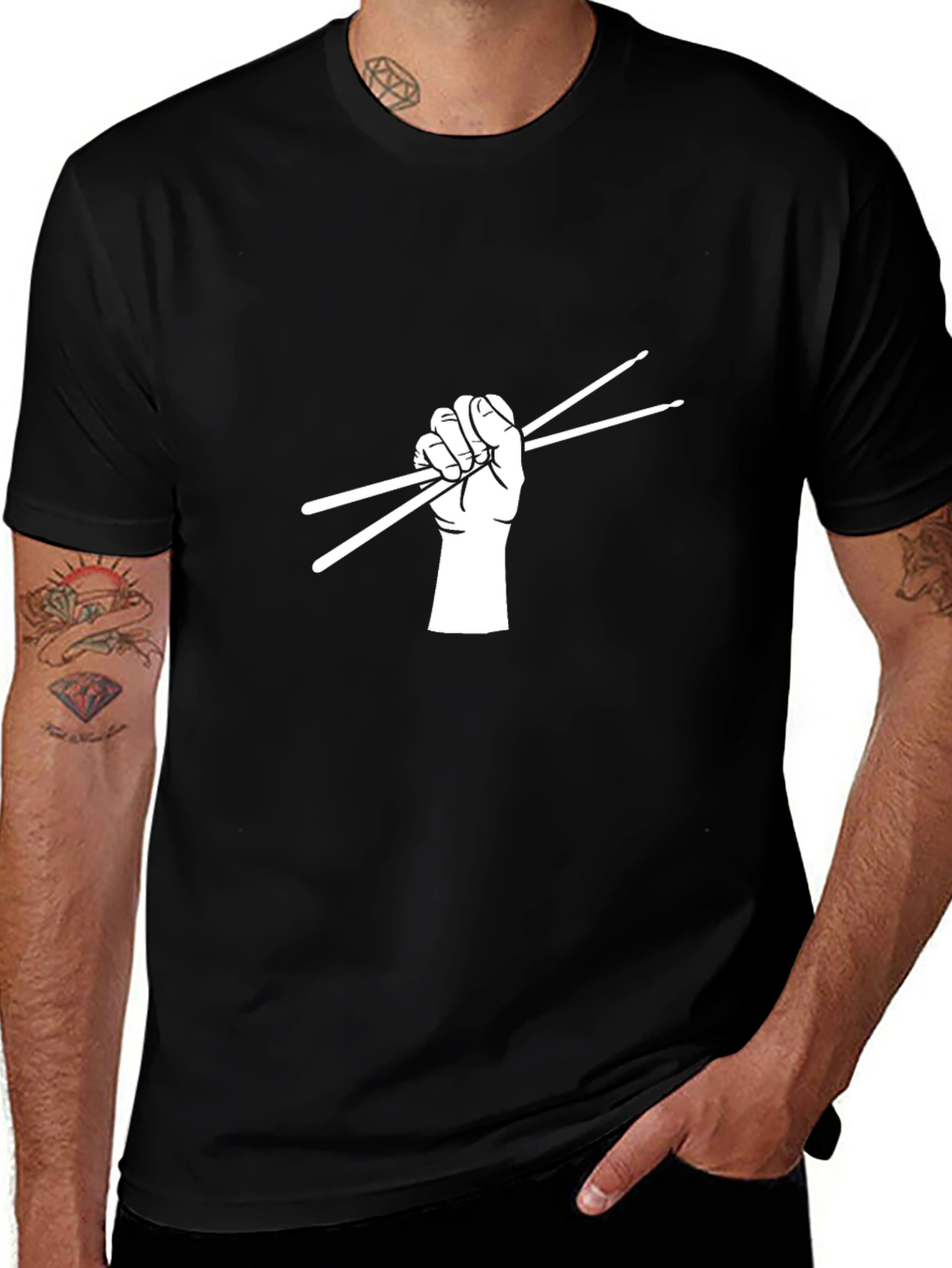 Drummer Hand Holding Drumsticks Black T-Shirt