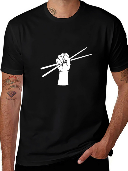 Drummer Hand Holding Drumsticks Black T-Shirt