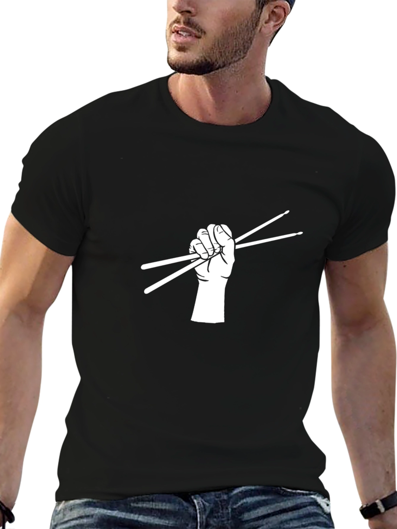 Drummer Hand Holding Drumsticks Black T-Shirt