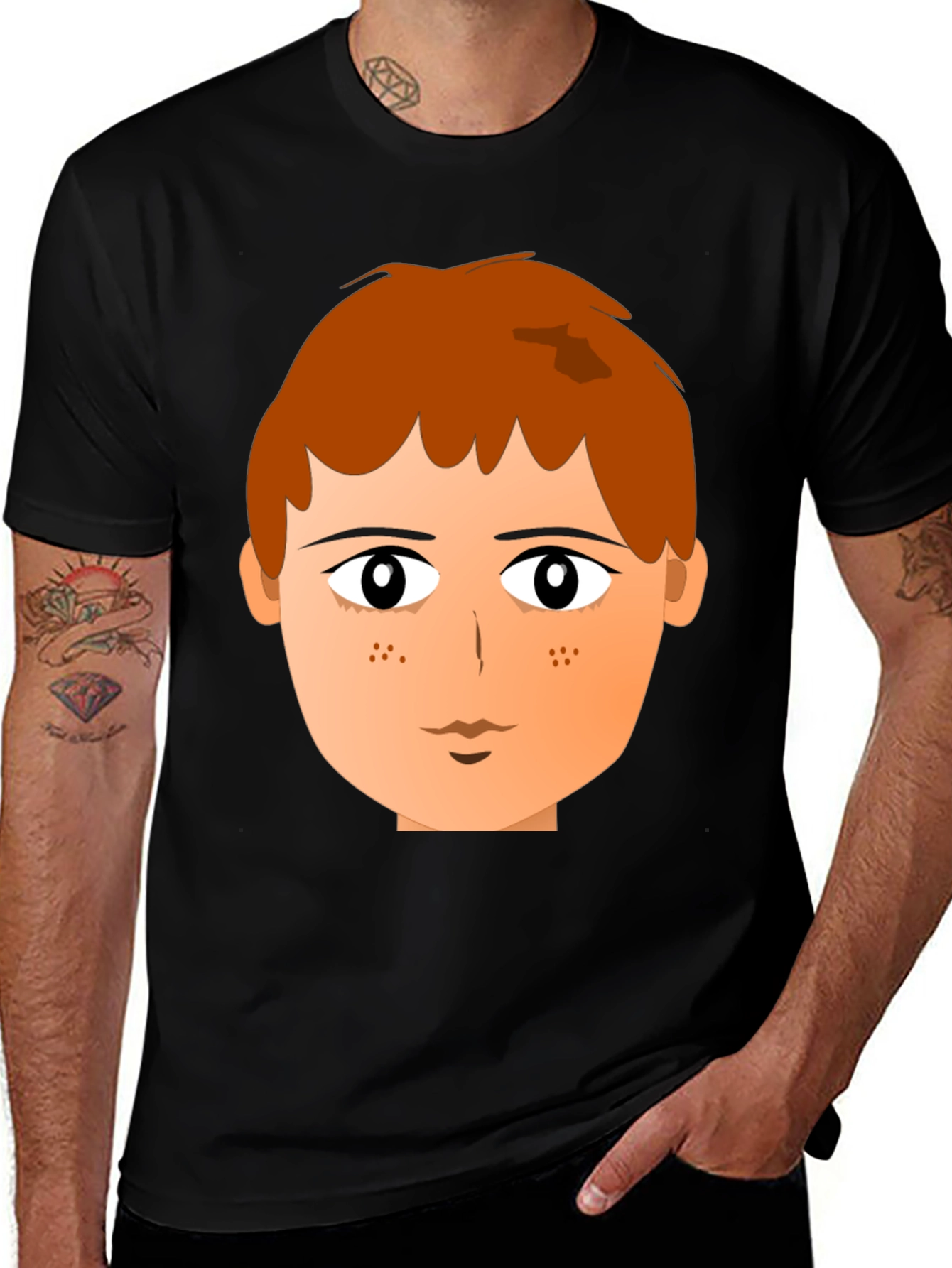 Cartoon Boy Face Graphic Print Black Tee