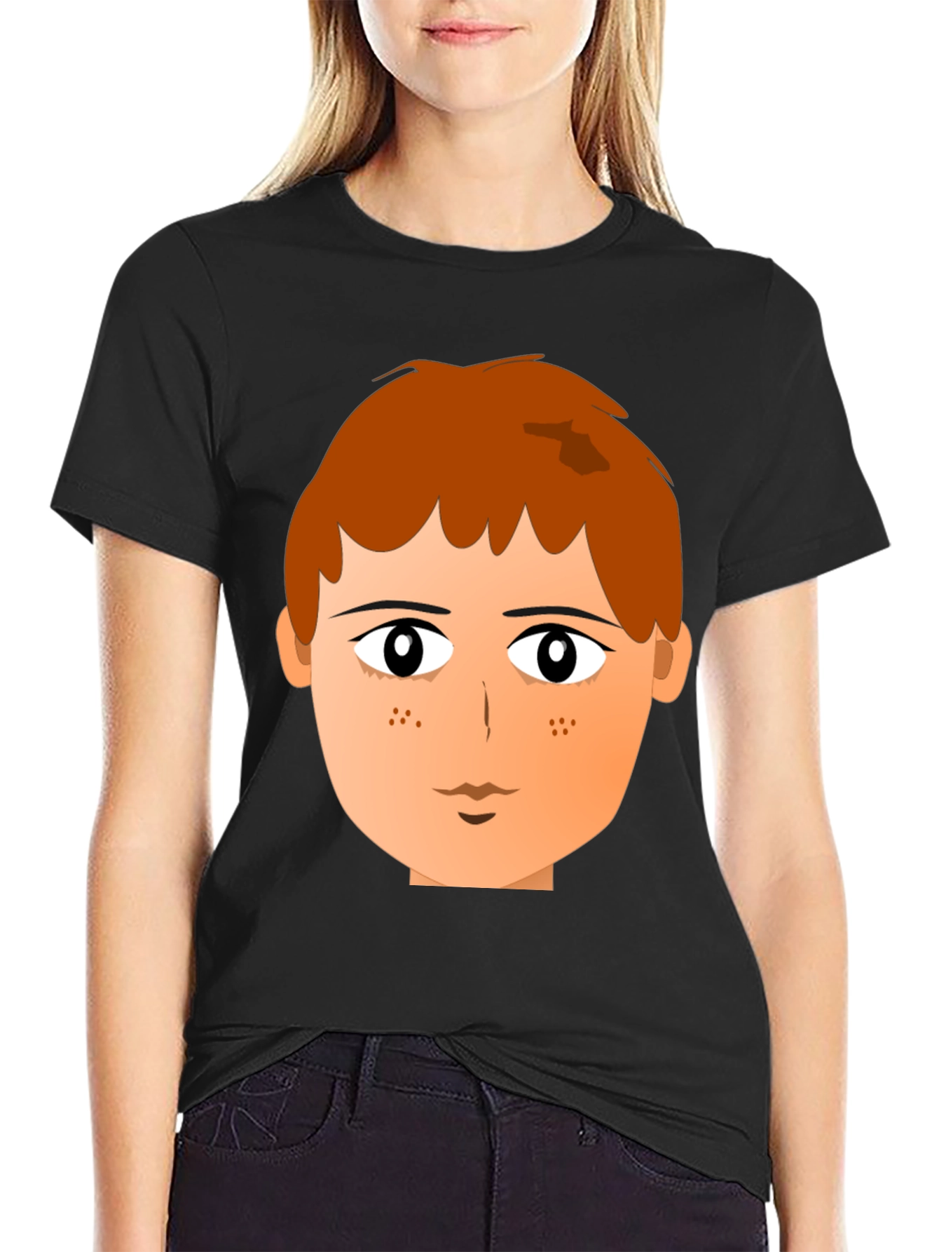 Cartoon Boy Face Graphic Print Black Tee