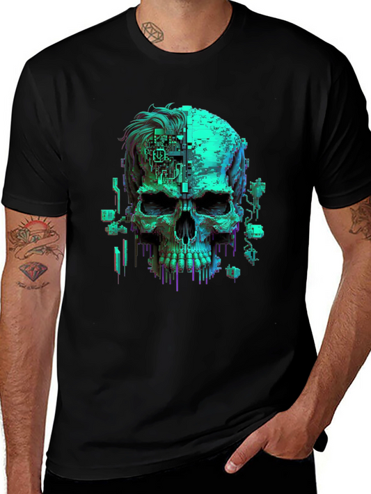 Cyberpunk Skull Graphic Tee - Black Cotton T-Shirt
