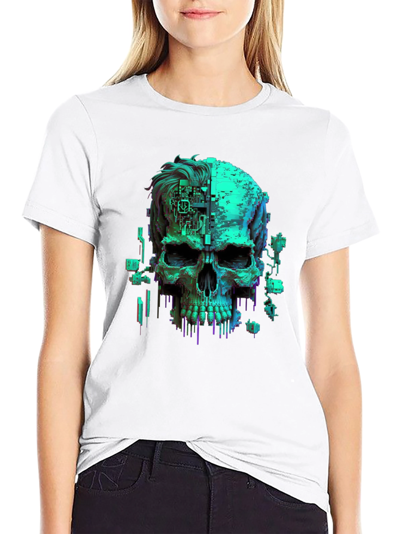 Cyberpunk Skull Graphic Tee - Black Cotton T-Shirt