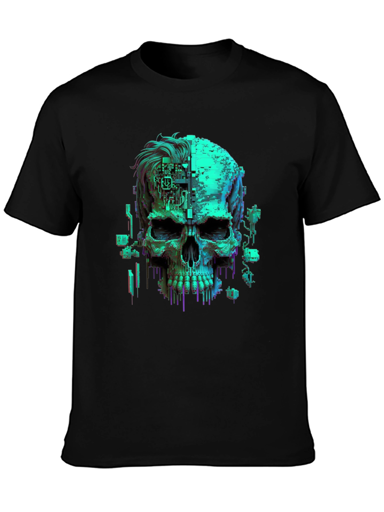 Cyberpunk Skull Graphic Tee - Black Cotton T-Shirt