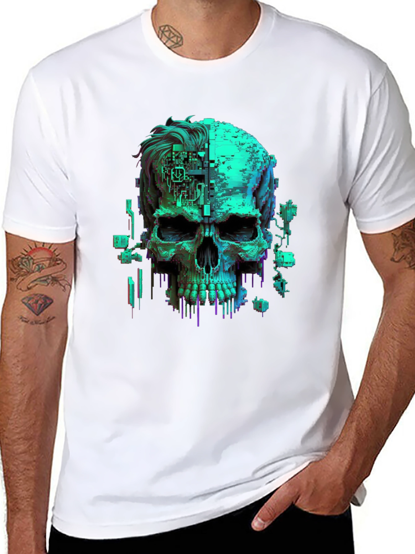 Cyberpunk Skull Graphic Tee - Black Cotton T-Shirt
