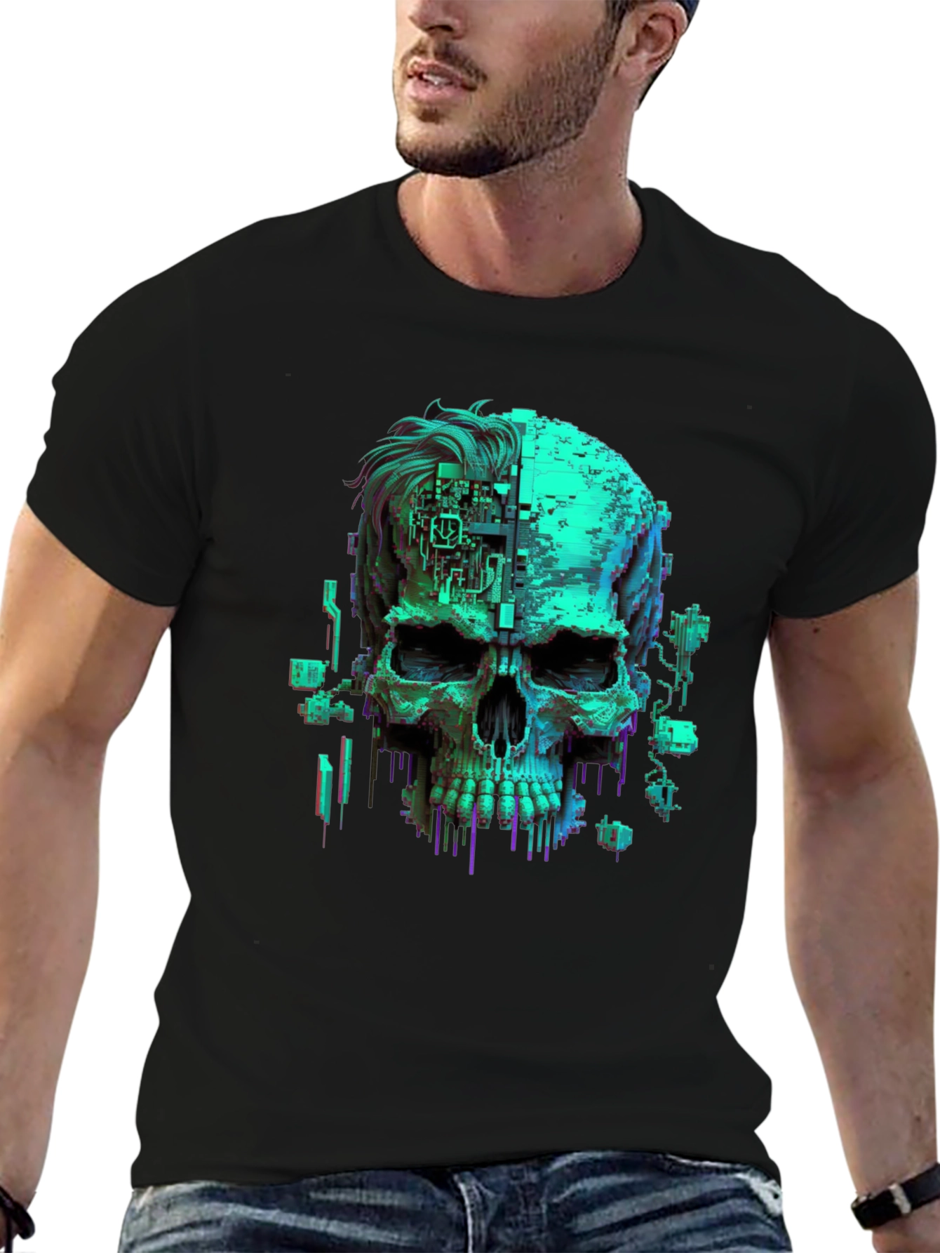 Cyberpunk Skull Graphic Tee - Black Cotton T-Shirt