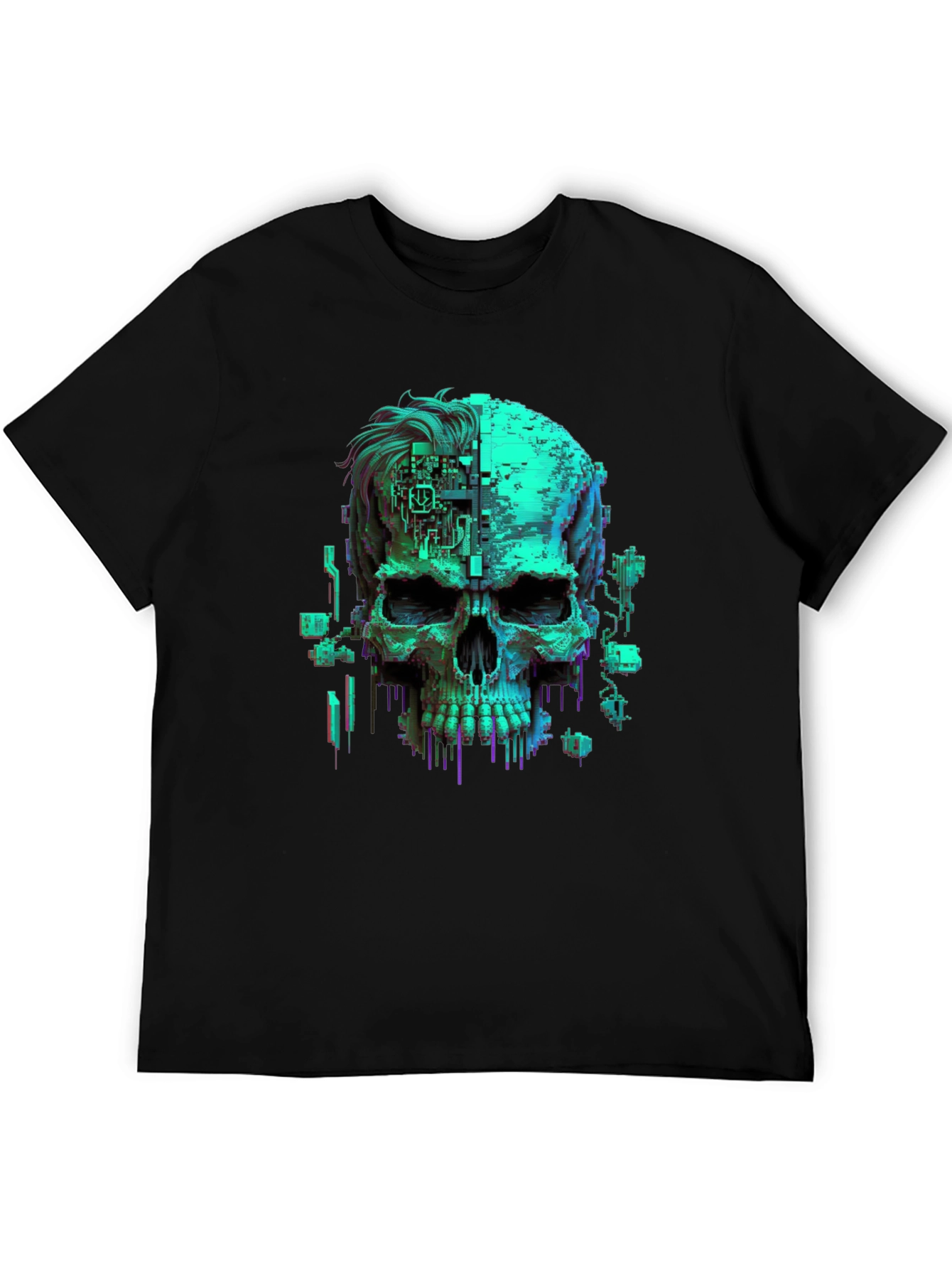 Cyberpunk Skull Graphic Tee - Black Cotton T-Shirt
