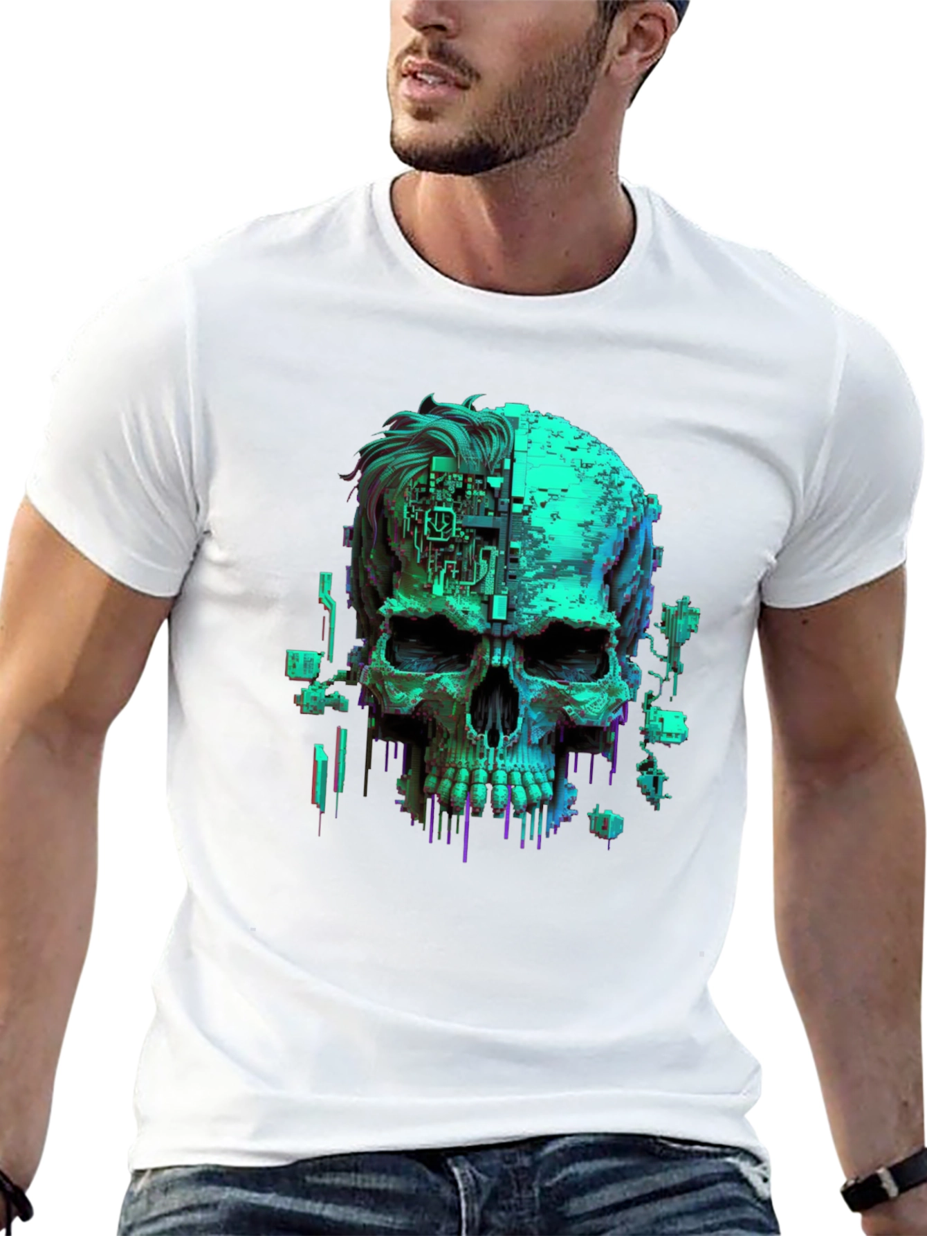 Cyberpunk Skull Graphic Tee - Black Cotton T-Shirt