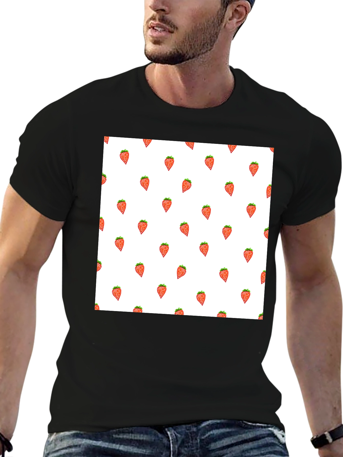 Strawberry Pattern Black T-Shirt
