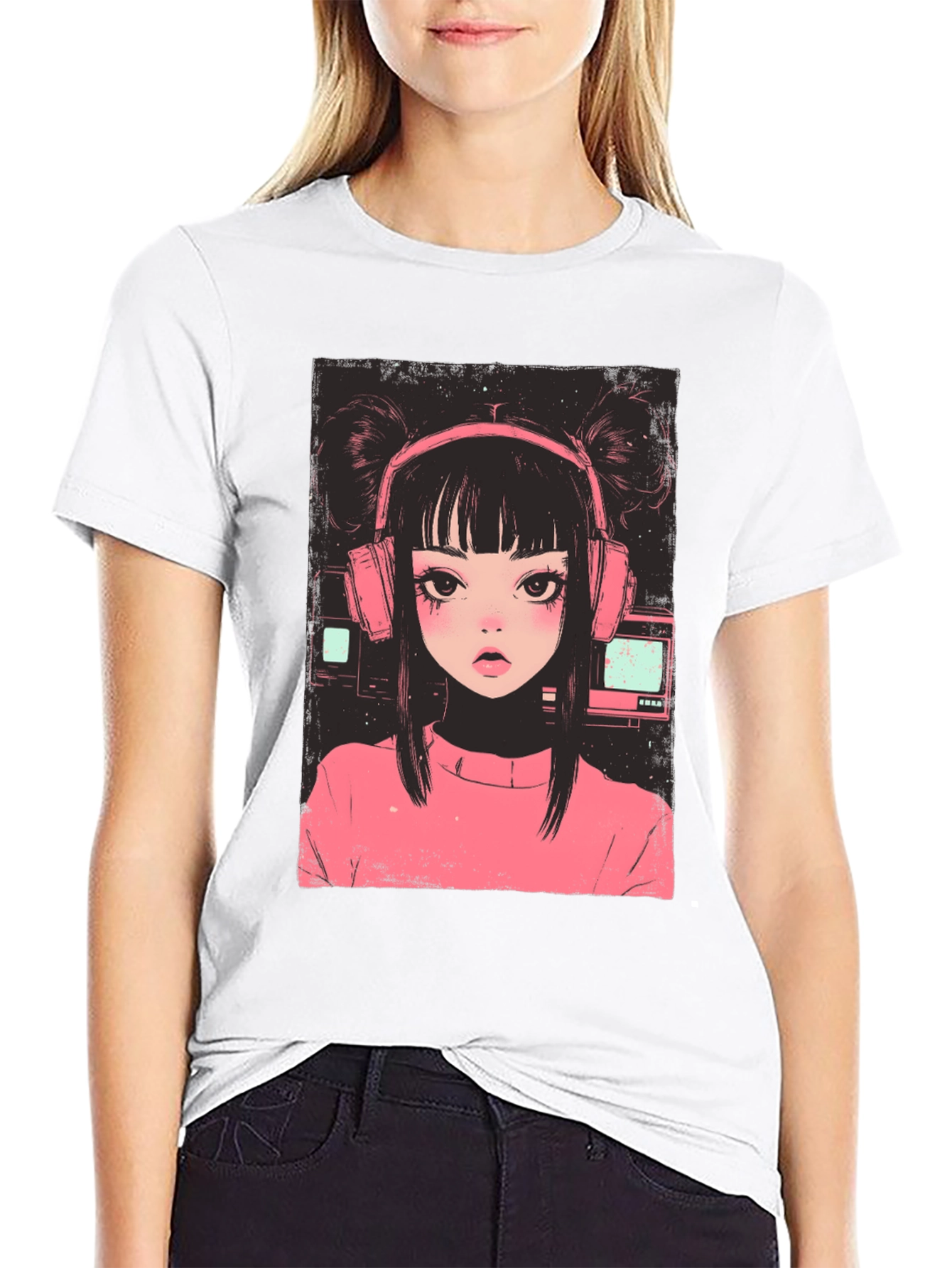 Anime Girl with Headphones Graphic T-Shirt
