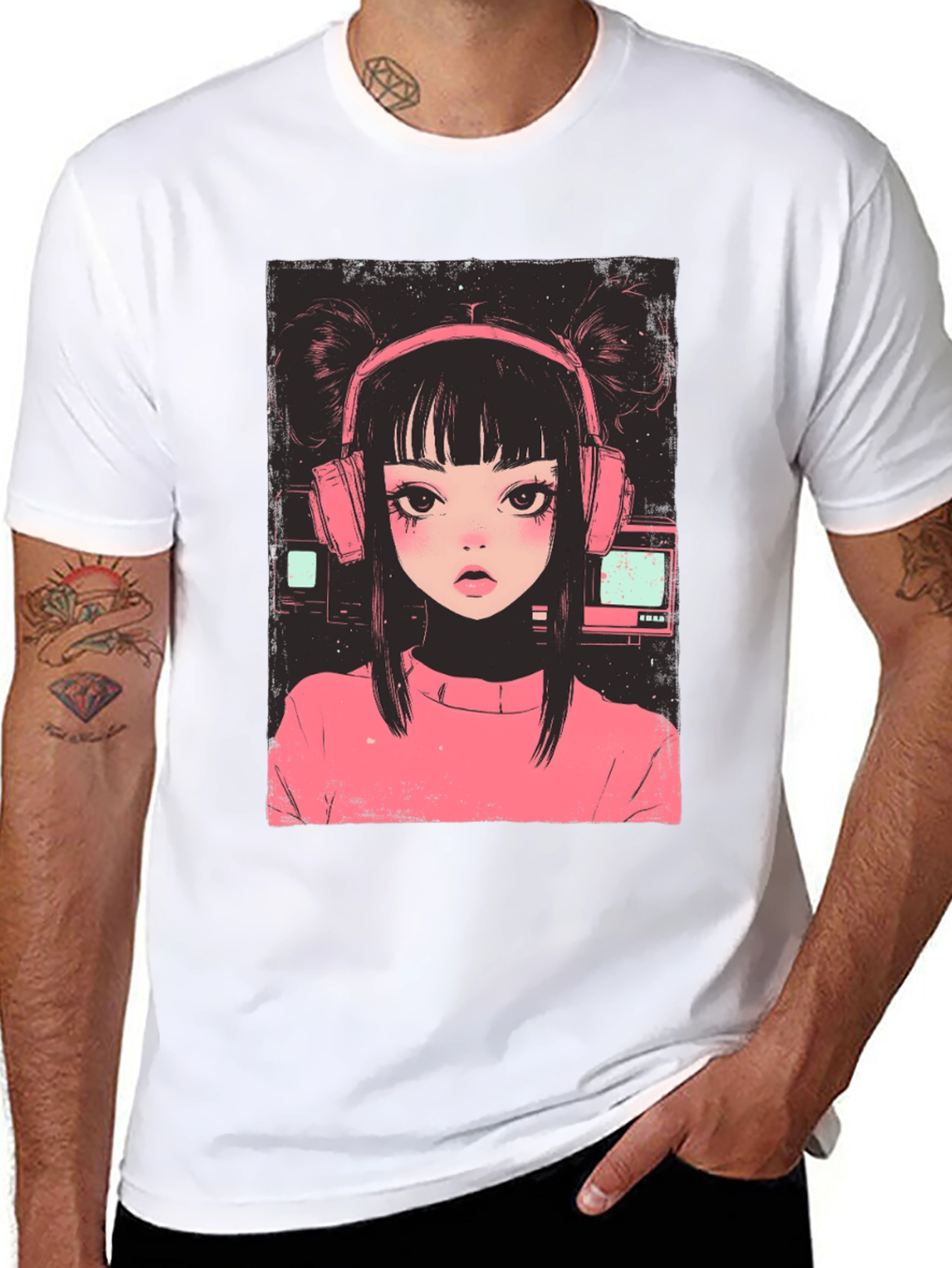 Anime Girl with Headphones Graphic T-Shirt