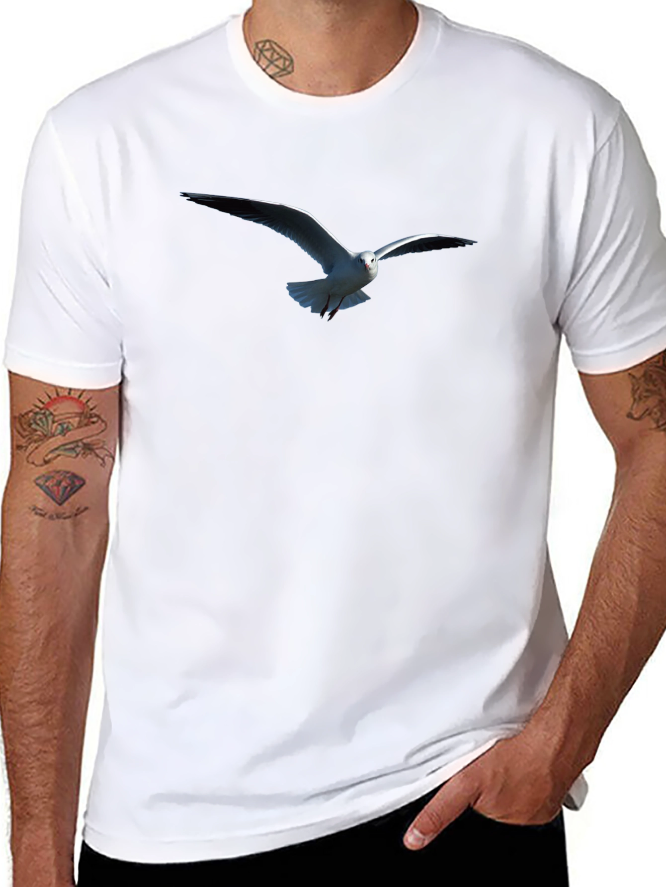 Mens Black T-Shirt with Seagull Print