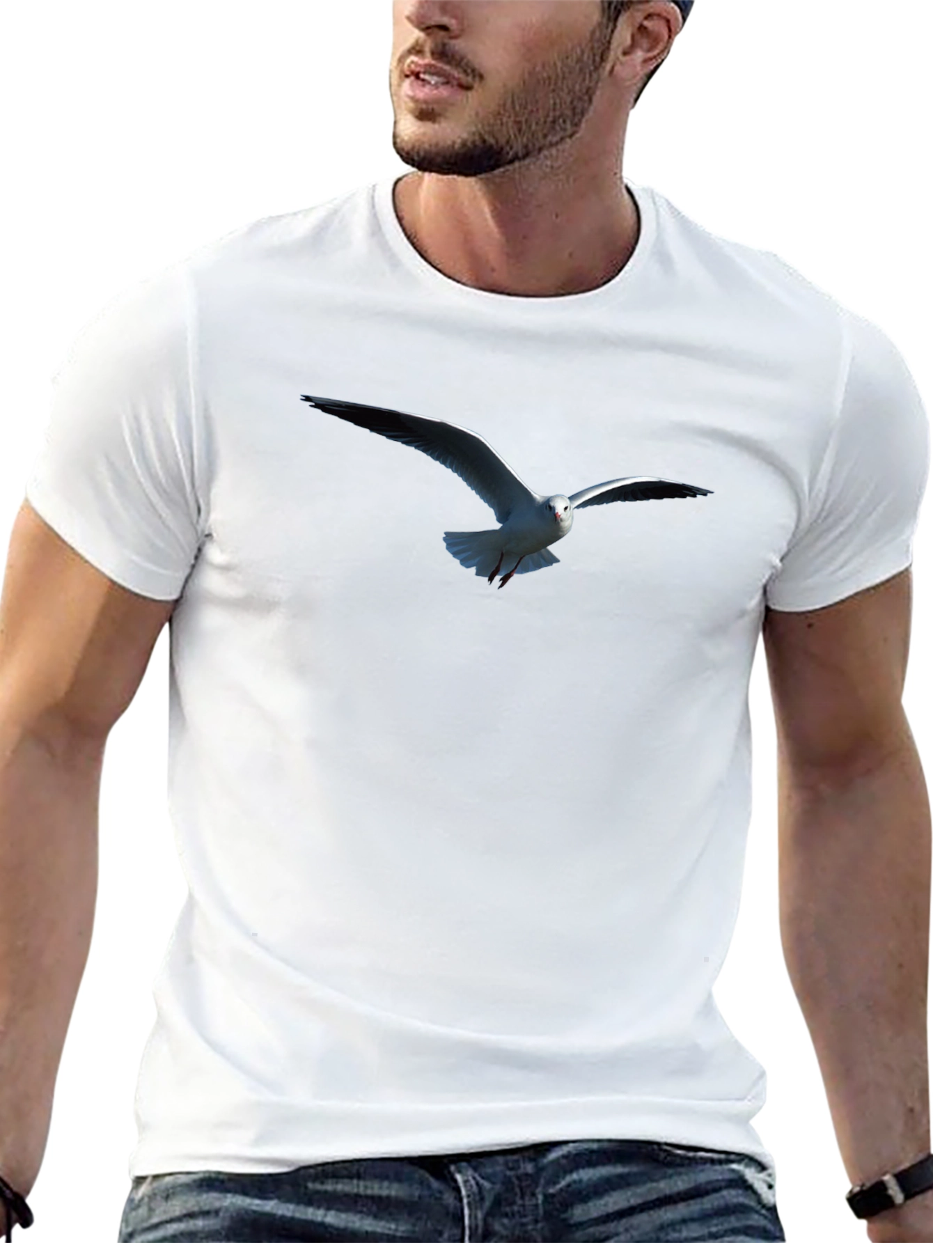 Mens Black T-Shirt with Seagull Print
