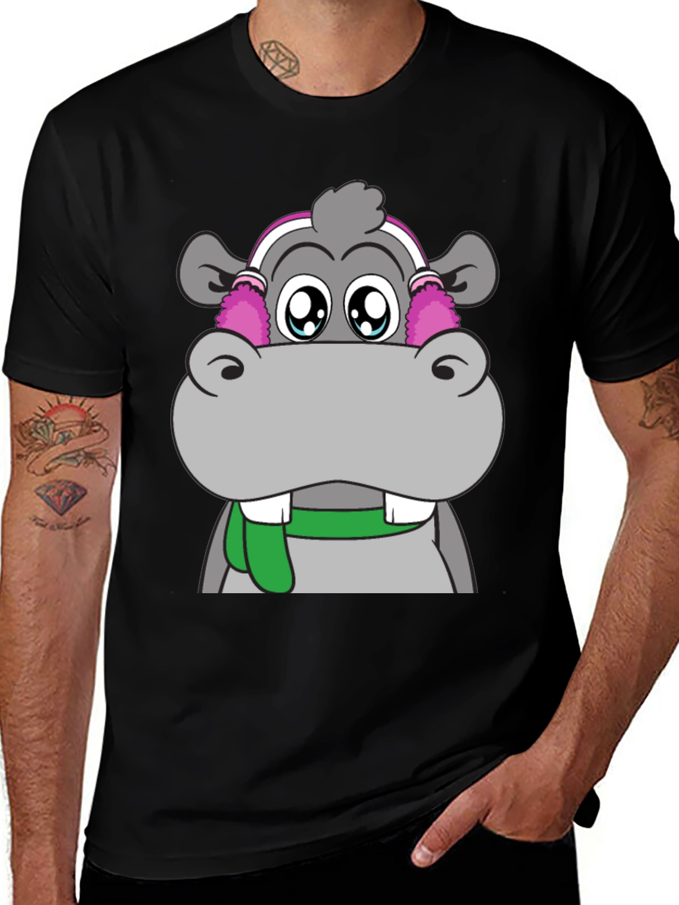 Hippo with Earmuffs Graphic Tee - Unique Design