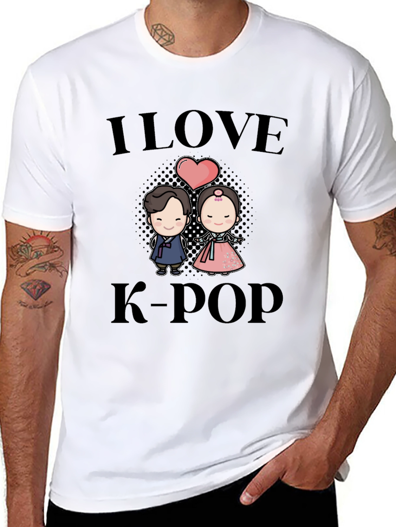 I Love K-Pop Black T-Shirt with Cute Cartoon Graphic