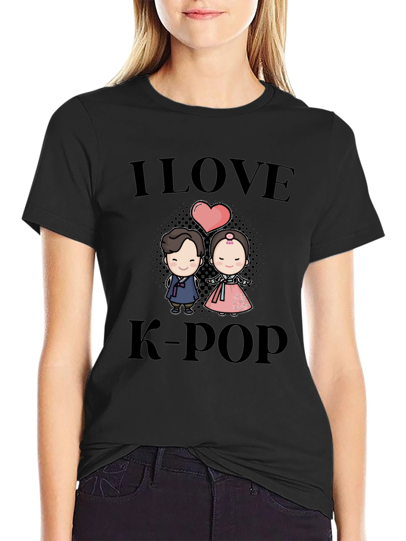 I Love K-Pop Black T-Shirt with Cute Cartoon Graphic