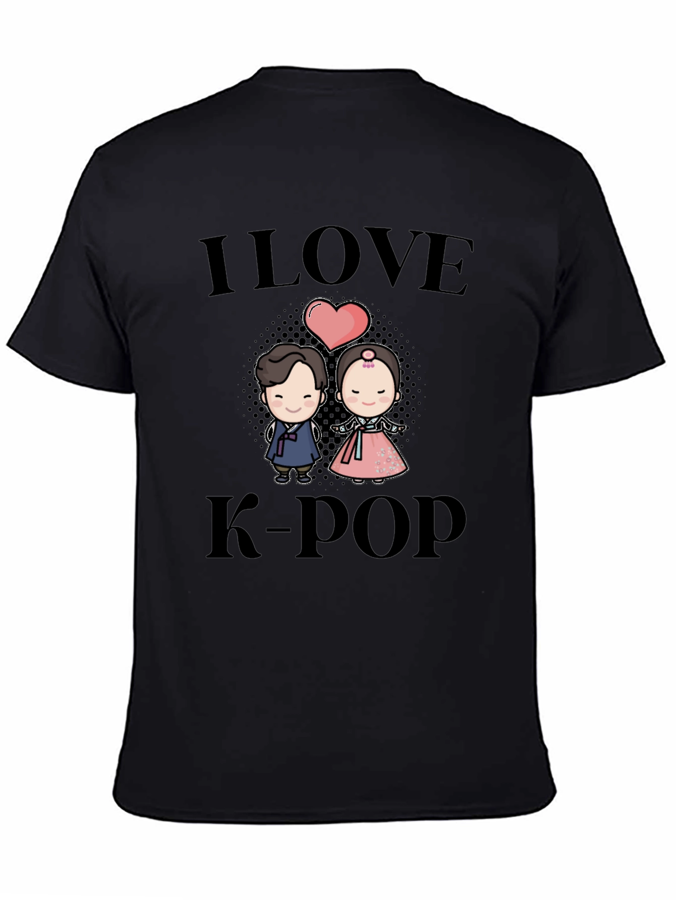 I Love K-Pop Black T-Shirt with Cute Cartoon Graphic