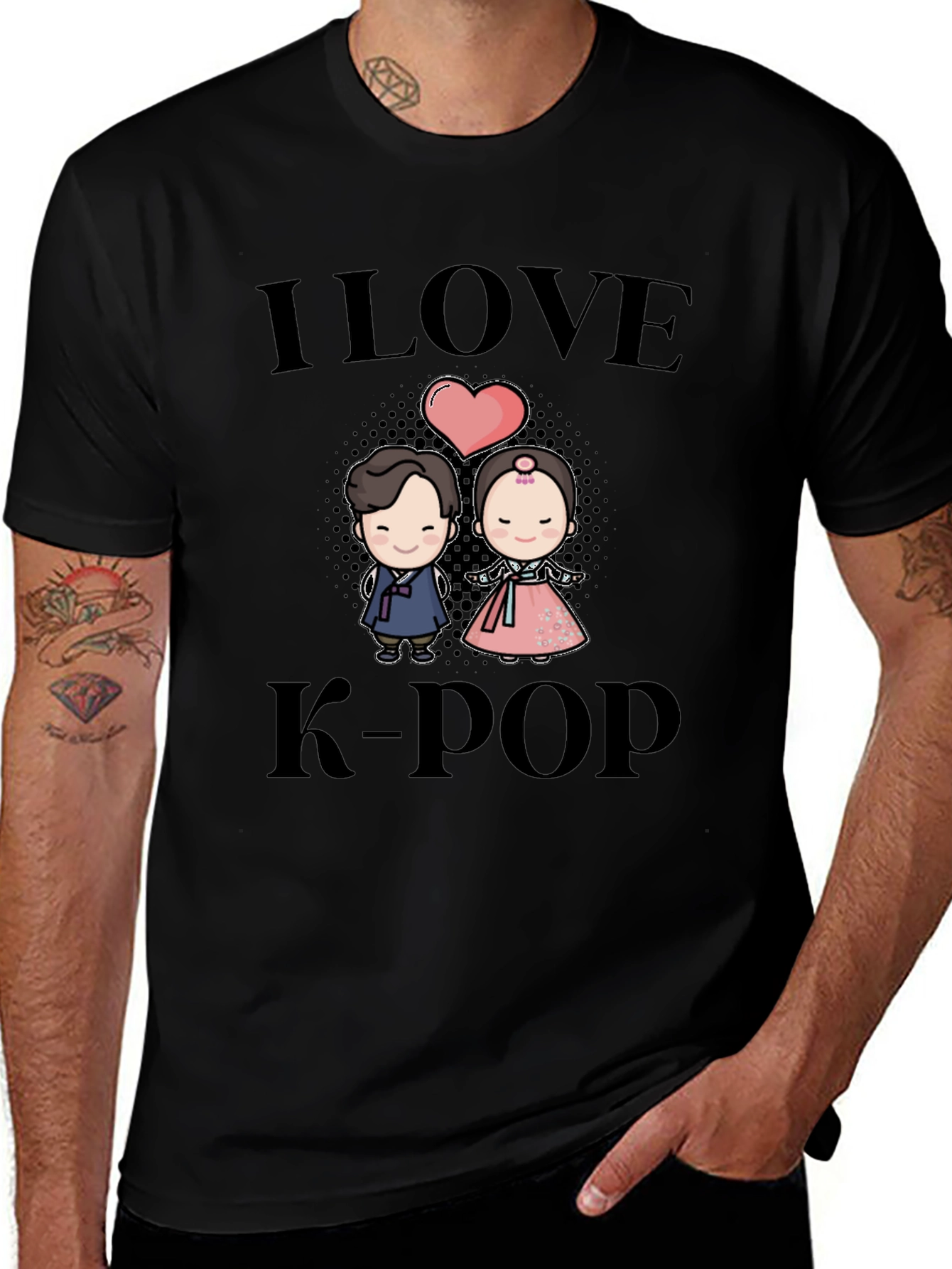 I Love K-Pop Black T-Shirt with Cute Cartoon Graphic