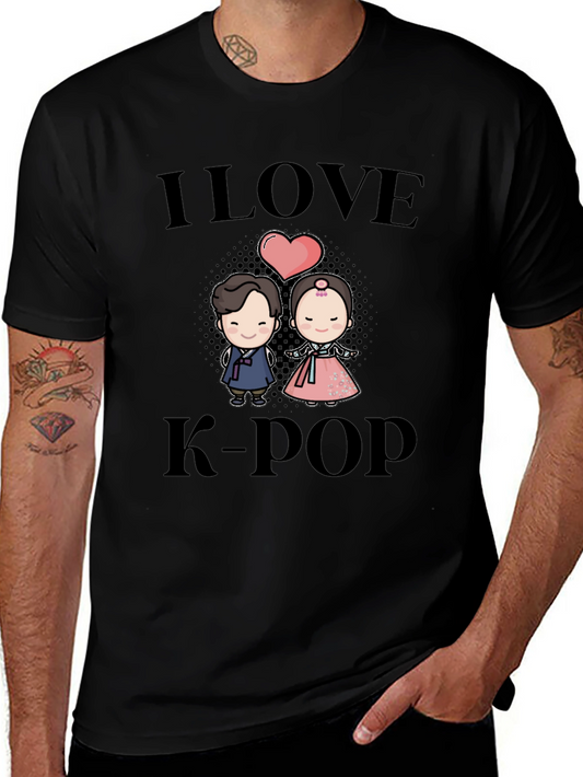I Love K-Pop Black T-Shirt with Cute Cartoon Graphic