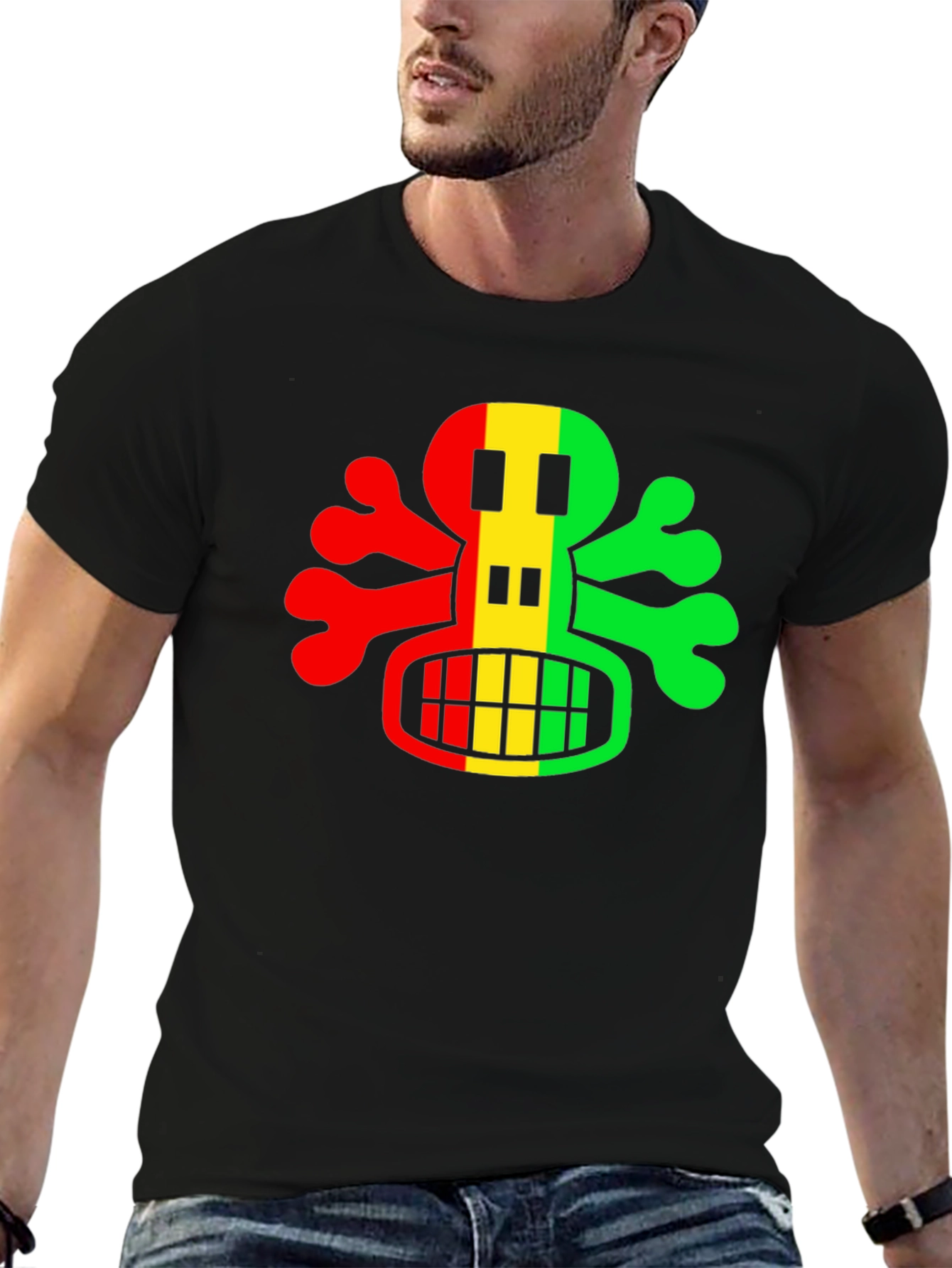 Rasta Skull Graphic Tee - Black Cotton T-Shirt