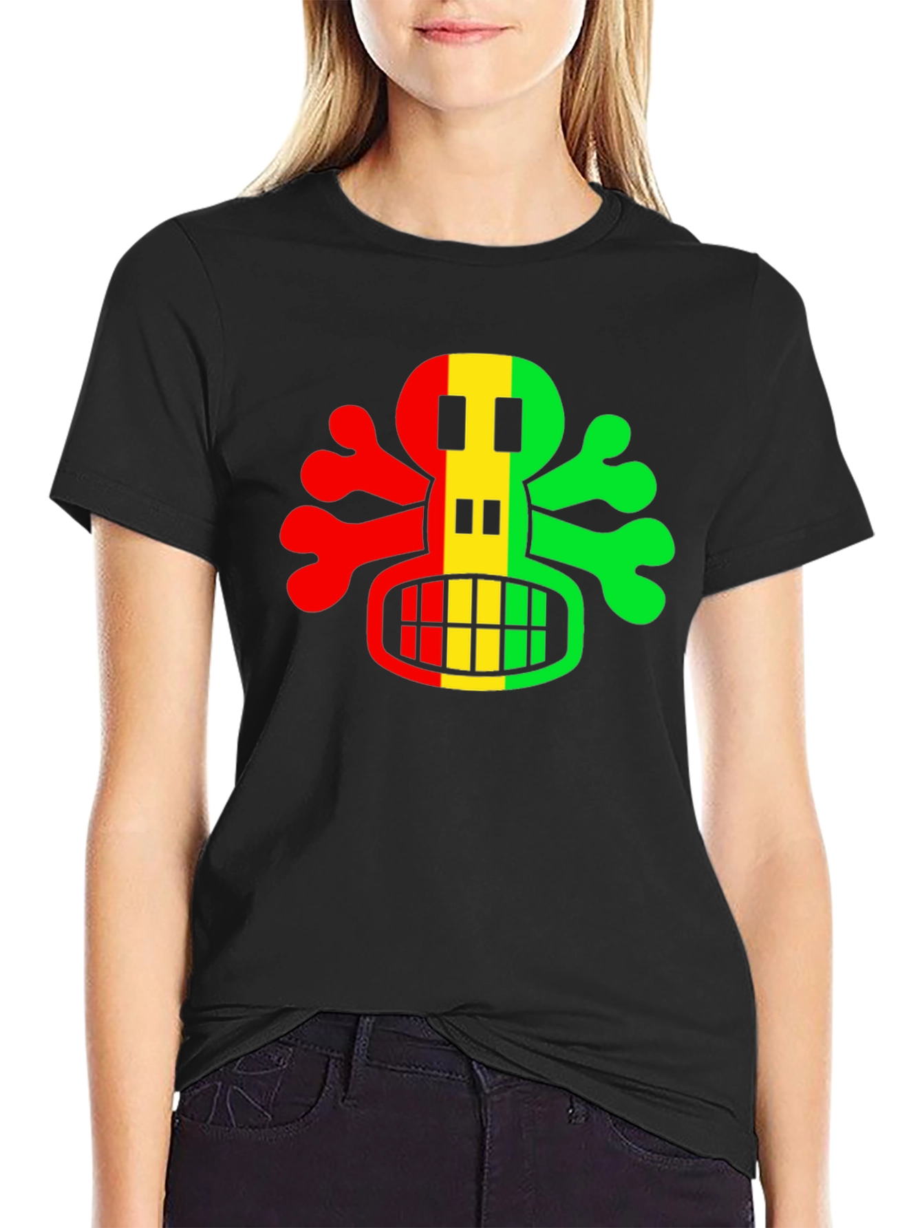 Rasta Skull Graphic Tee - Black Cotton T-Shirt