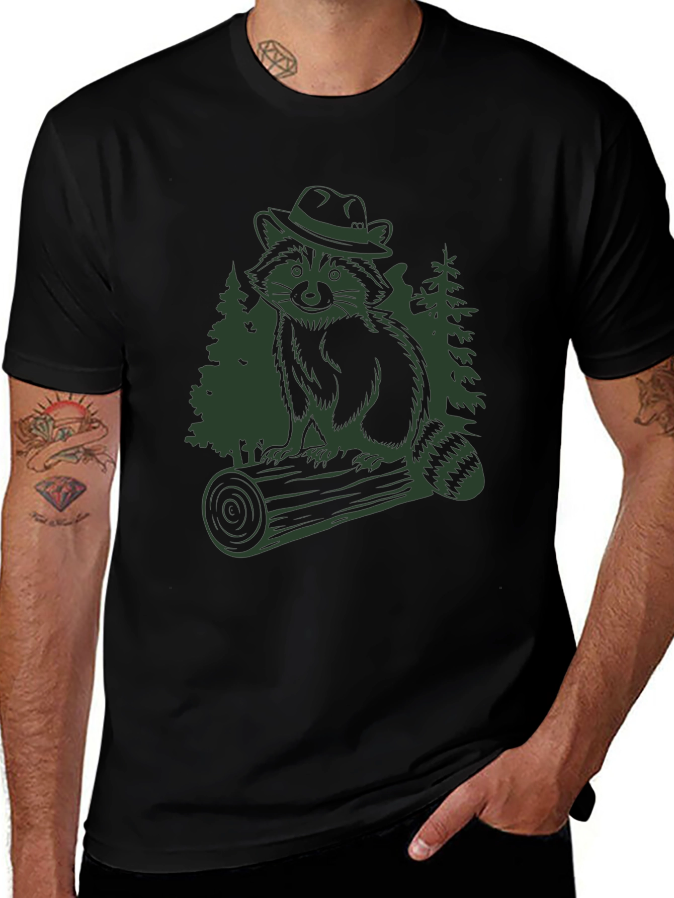 Raccoon in Hat Graphic T-Shirt - Black