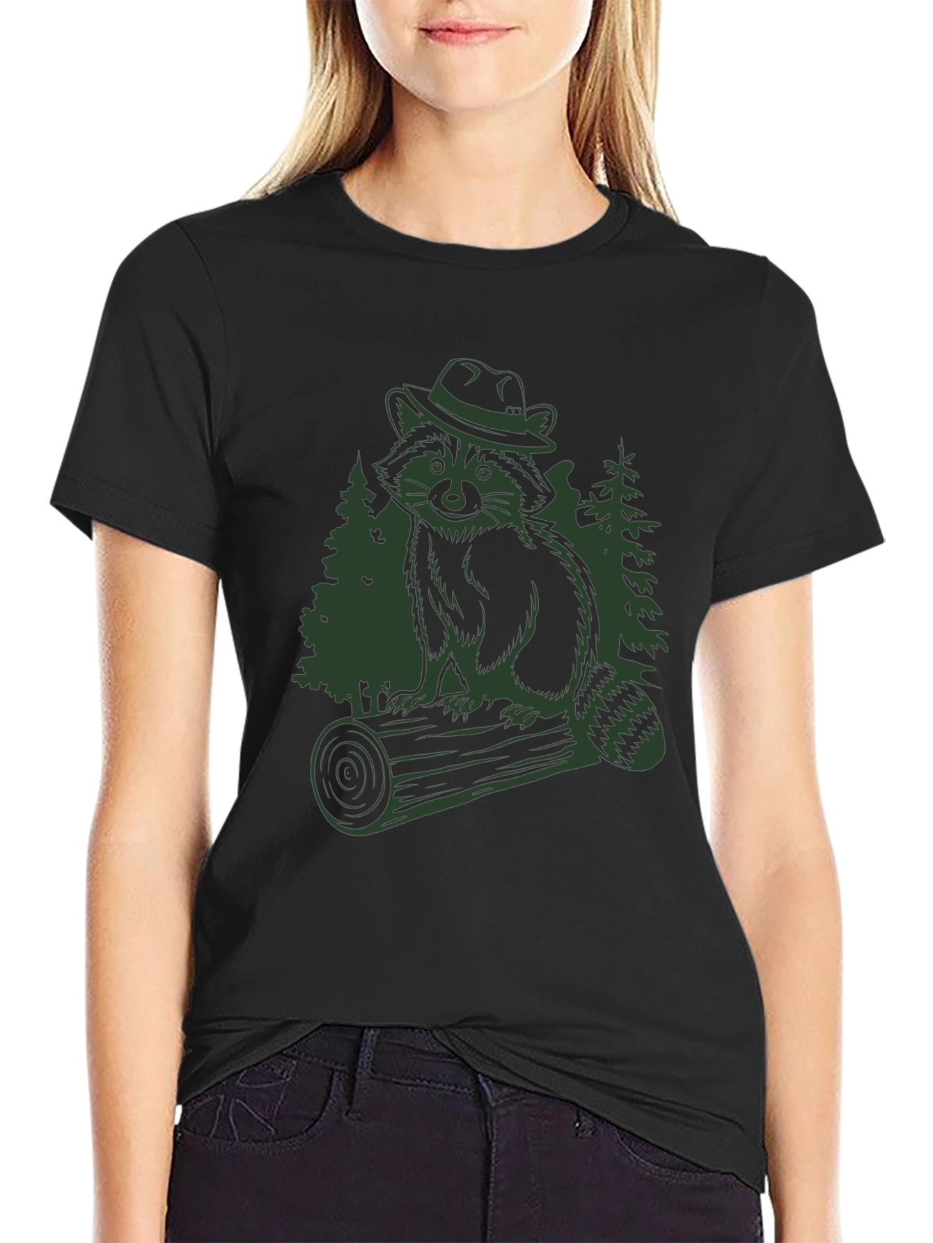 Raccoon in Hat Graphic T-Shirt - Black