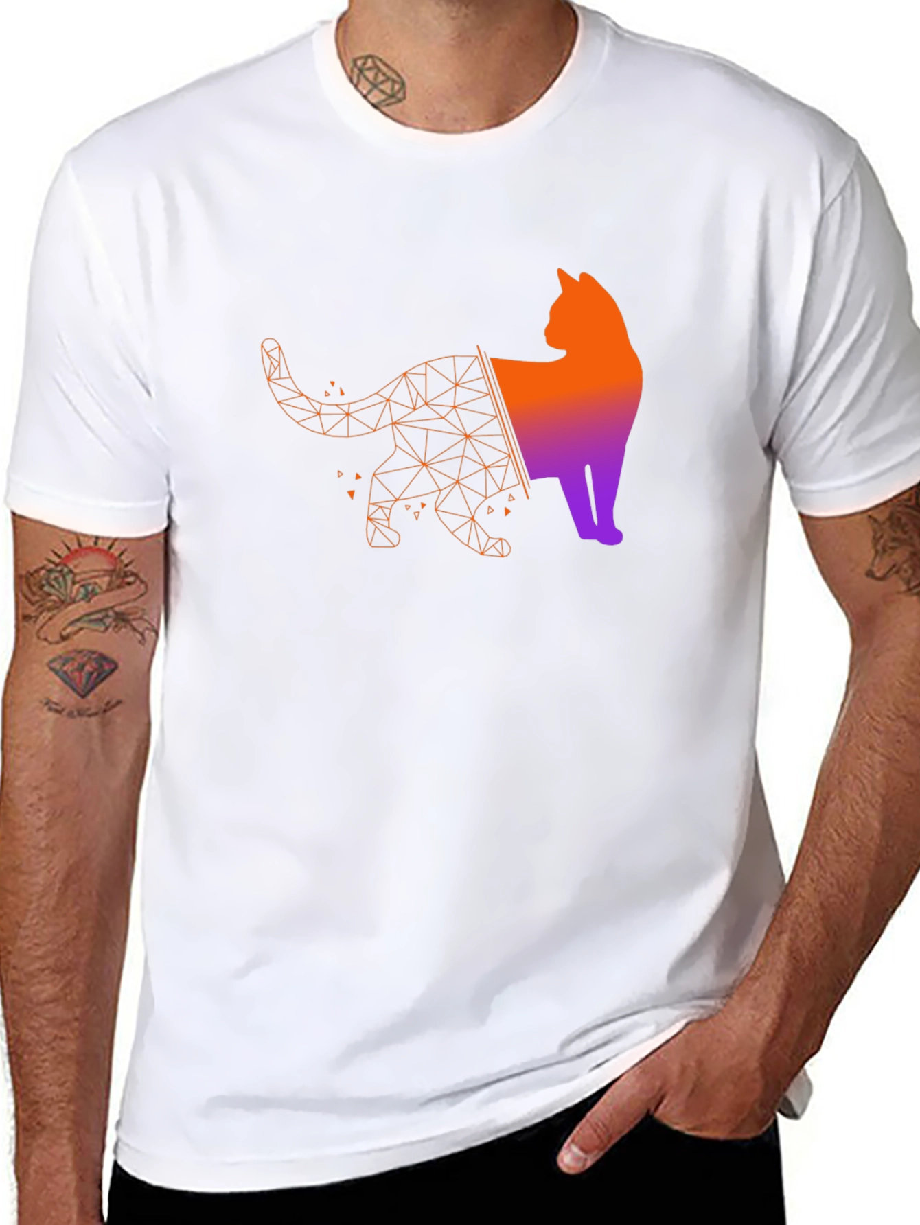 Geometric Cat Graphic Tee - Modern Artistic Style