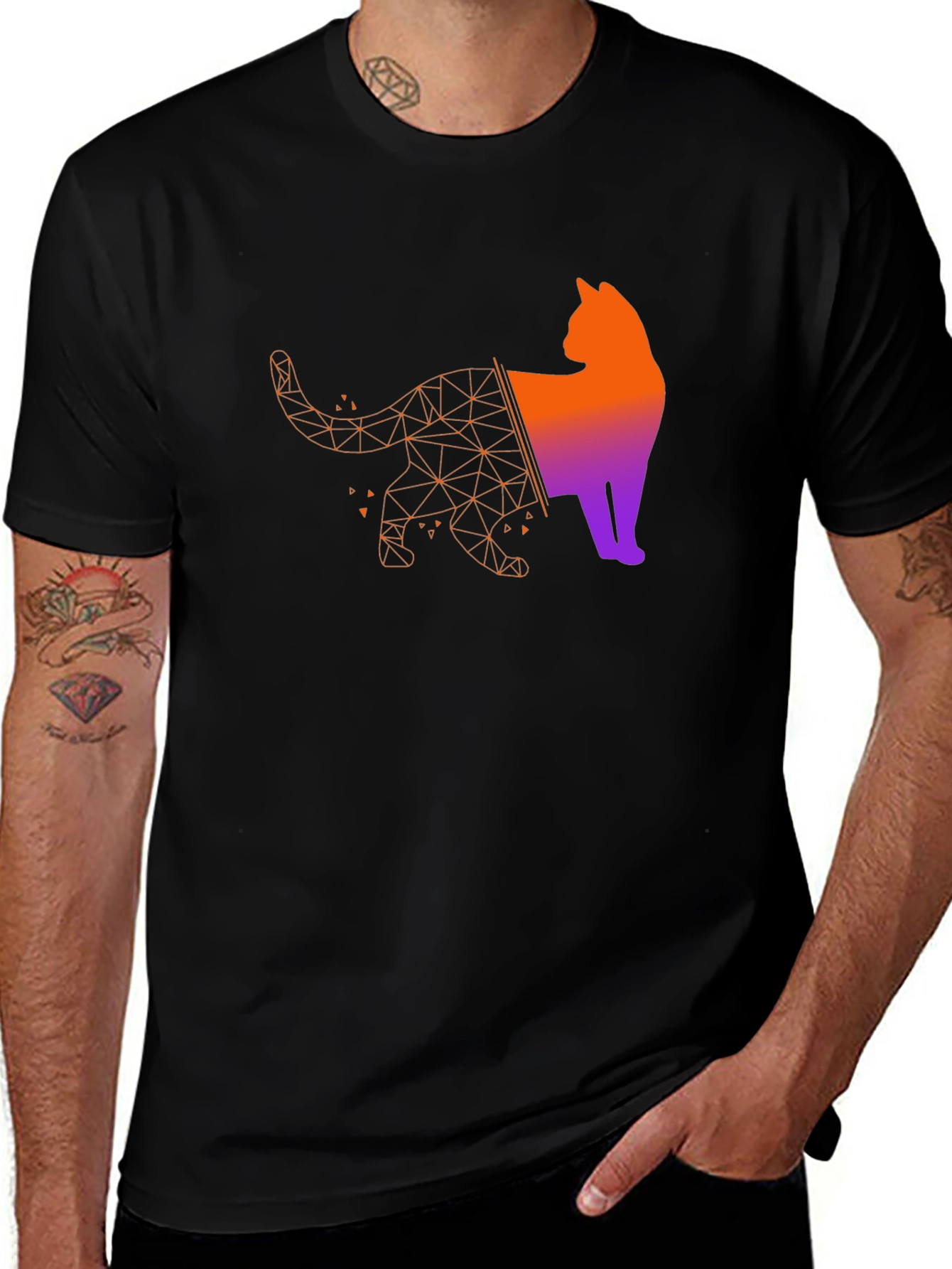 Geometric Cat Graphic Tee - Modern Artistic Style