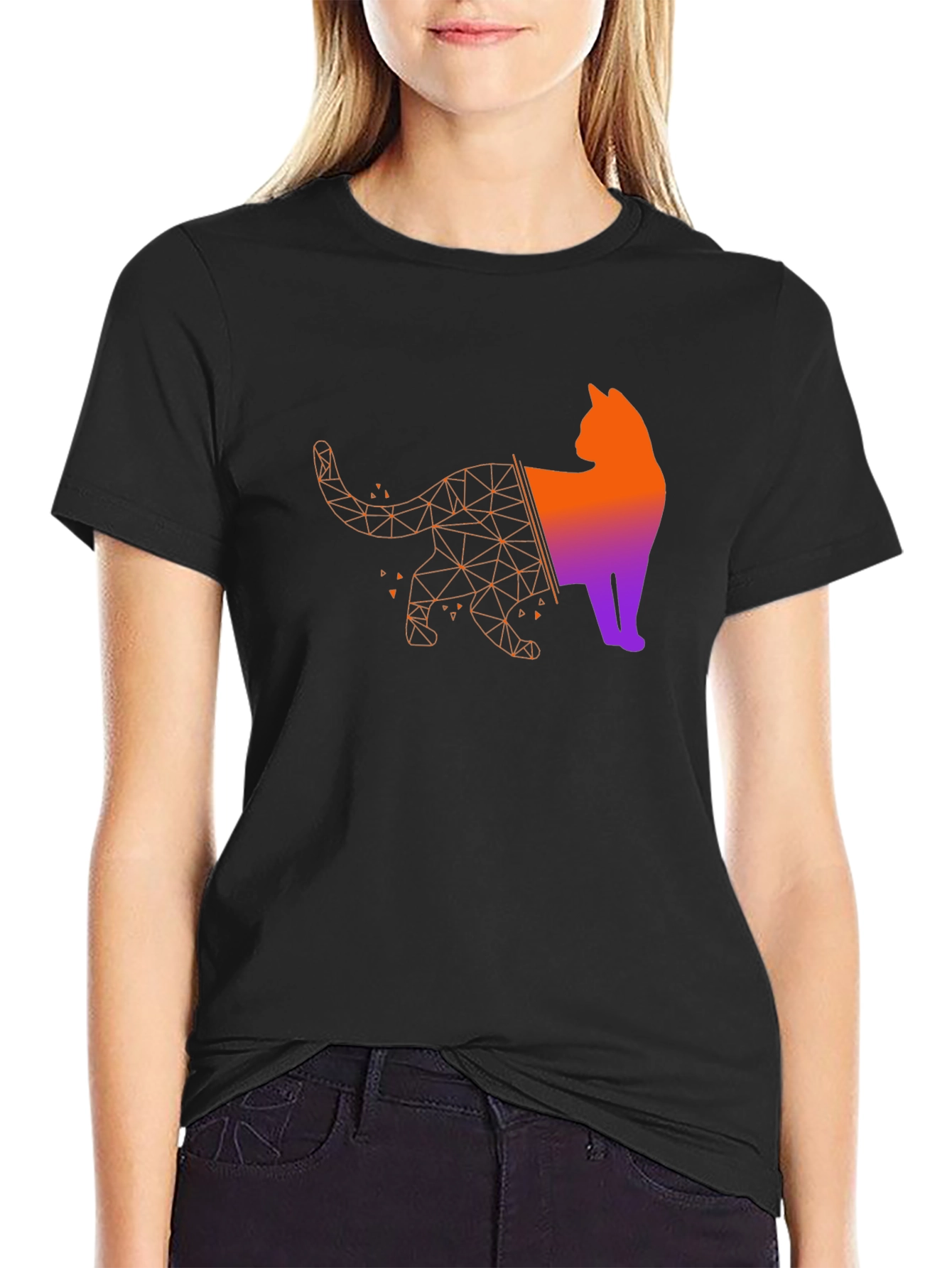 Geometric Cat Graphic Tee - Modern Artistic Style