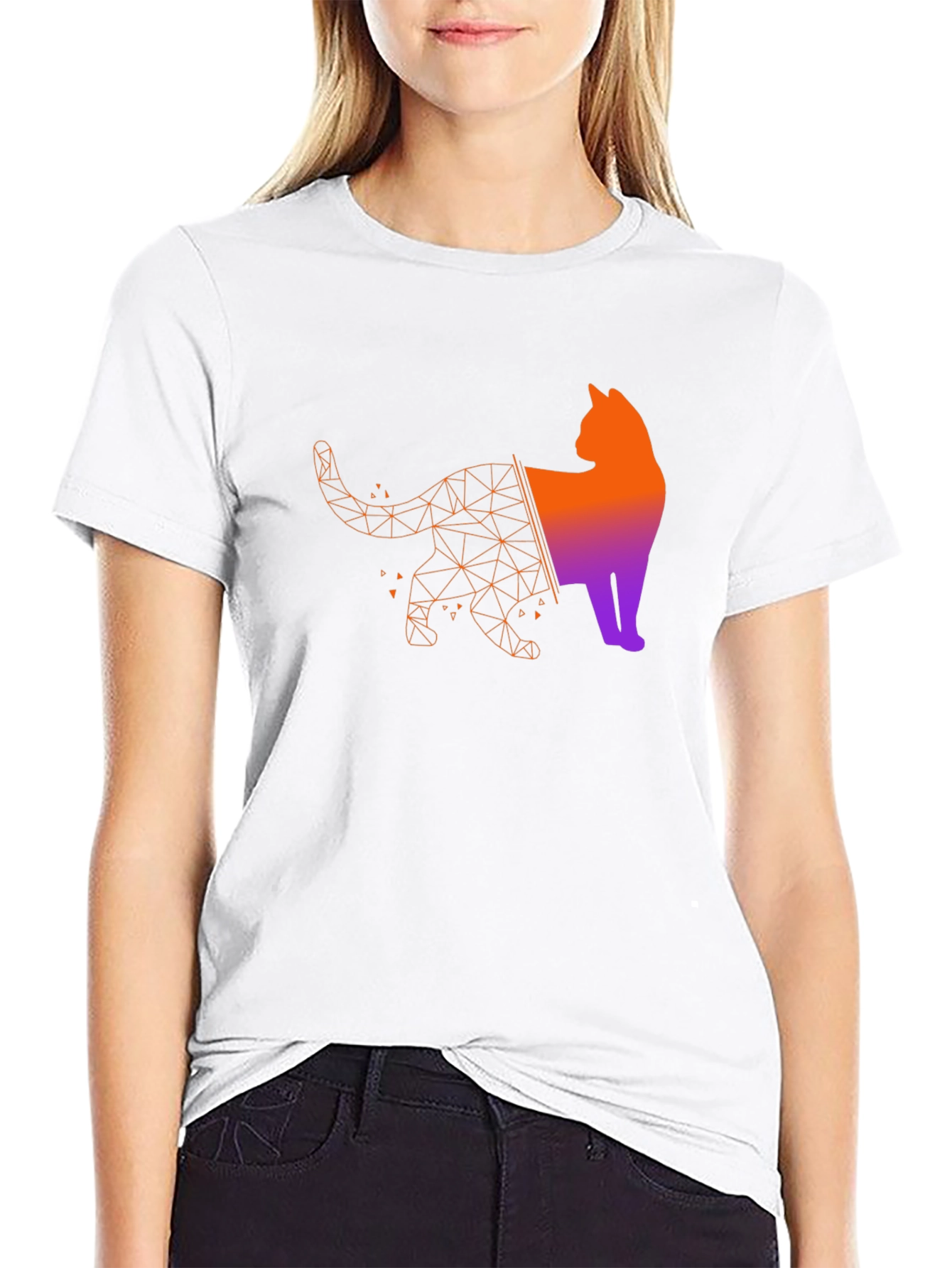 Geometric Cat Graphic Tee - Modern Artistic Style