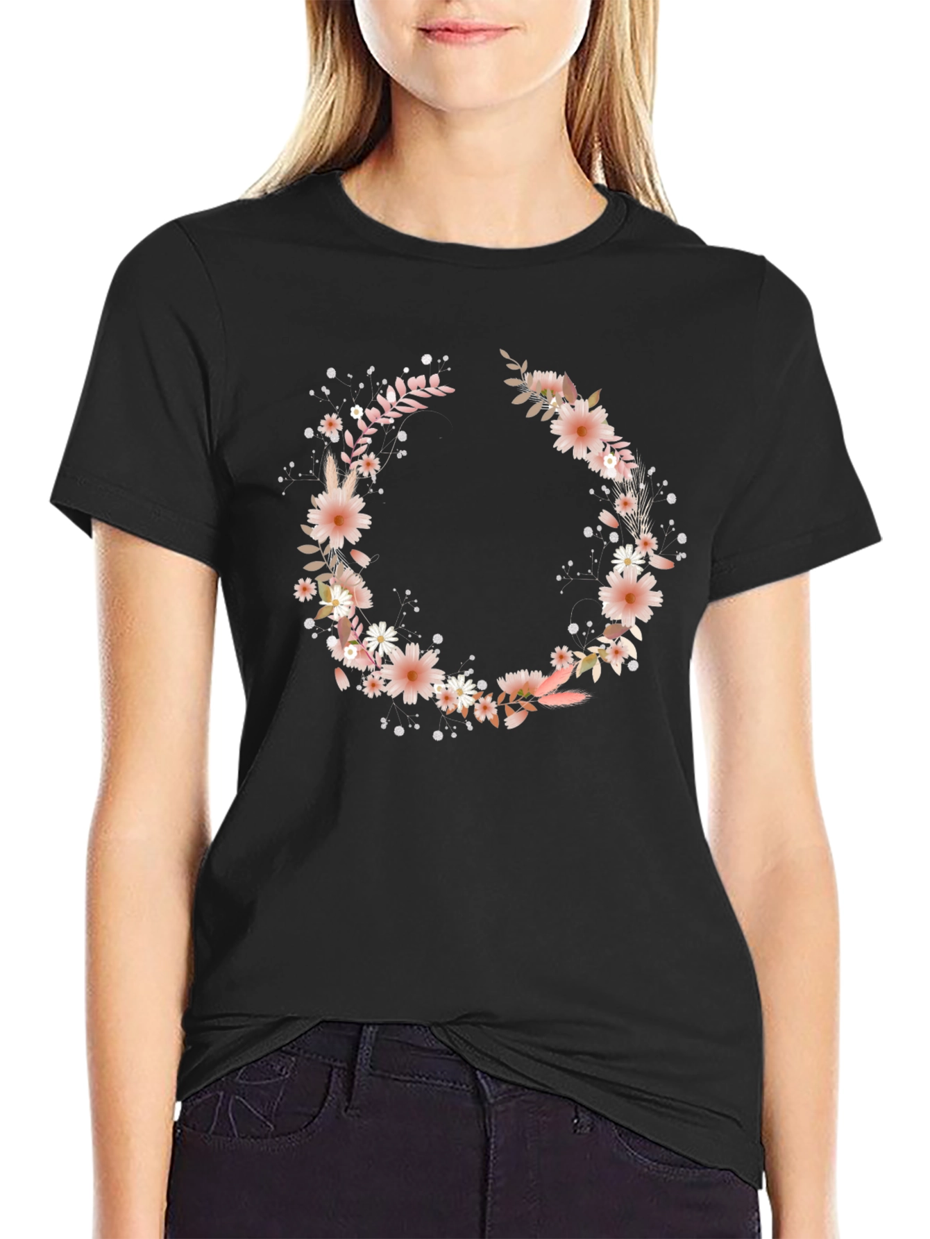 Floral Wreath Graphic Black T-Shirt