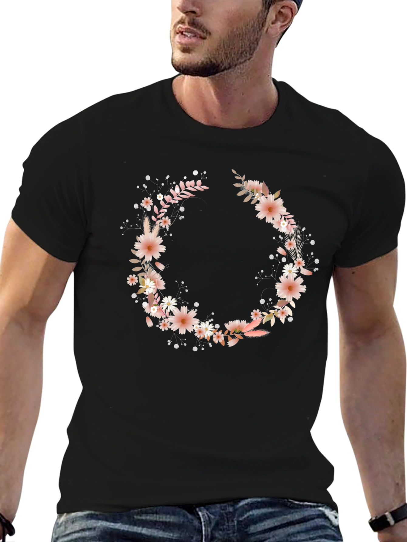 Floral Wreath Graphic Black T-Shirt