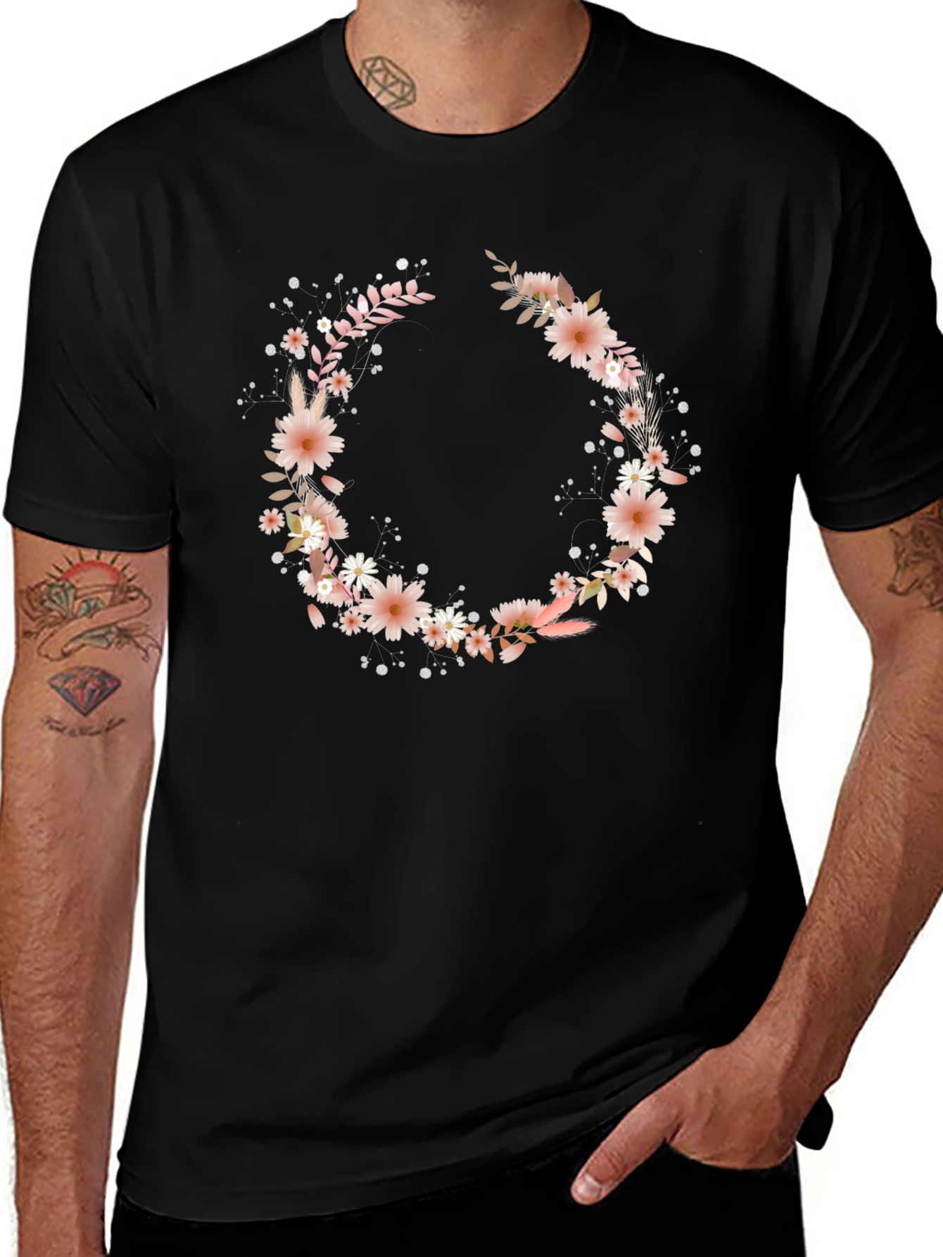 Floral Wreath Graphic Black T-Shirt