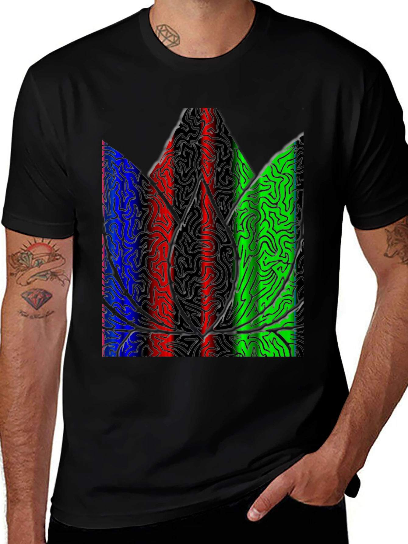 Abstract Leaf Print Black T-Shirt