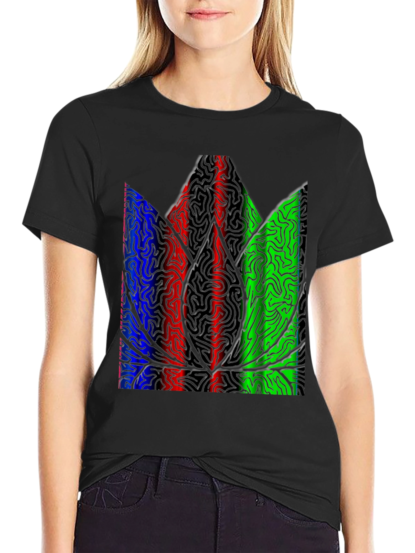 Abstract Leaf Print Black T-Shirt