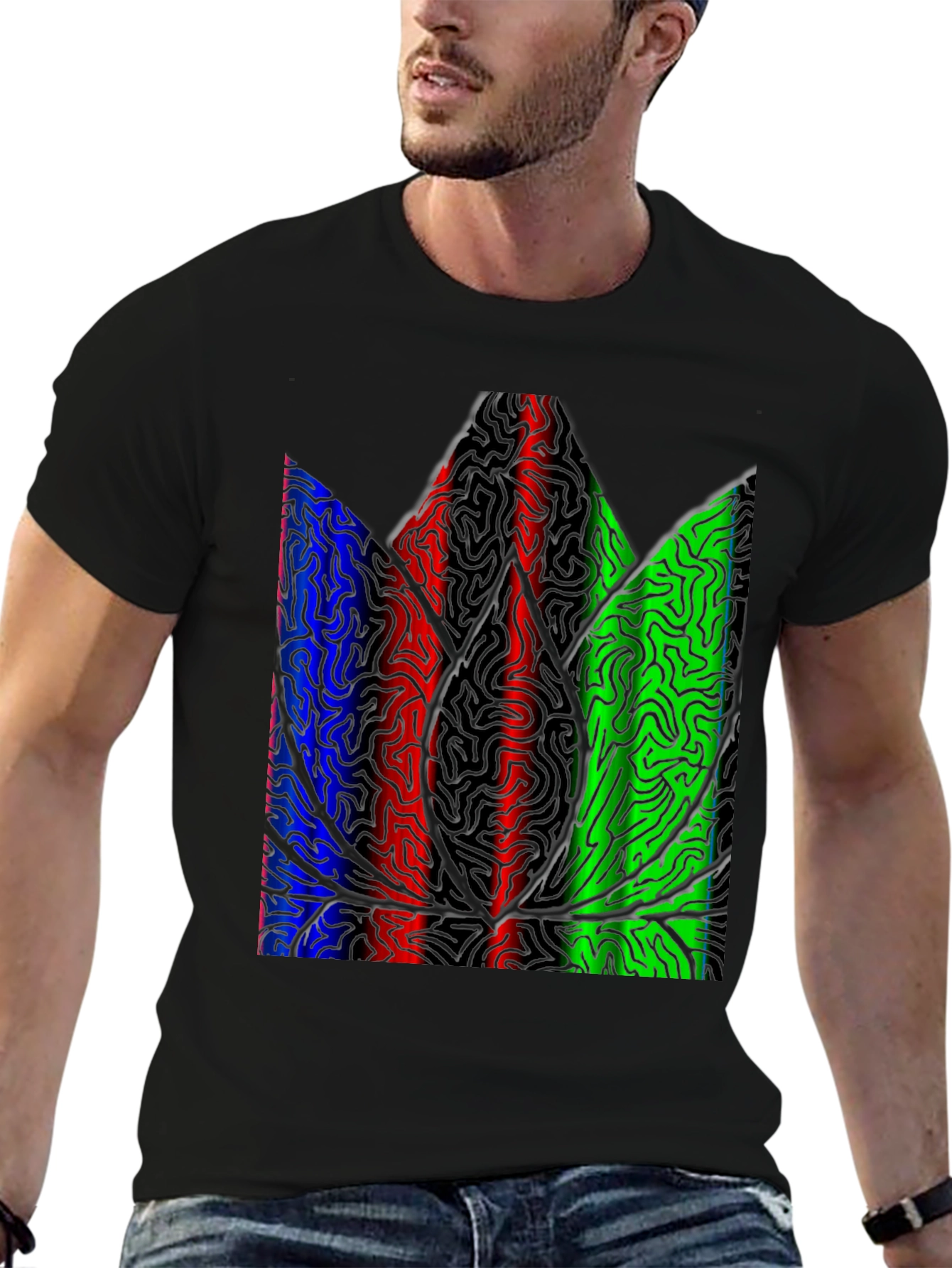 Abstract Leaf Print Black T-Shirt