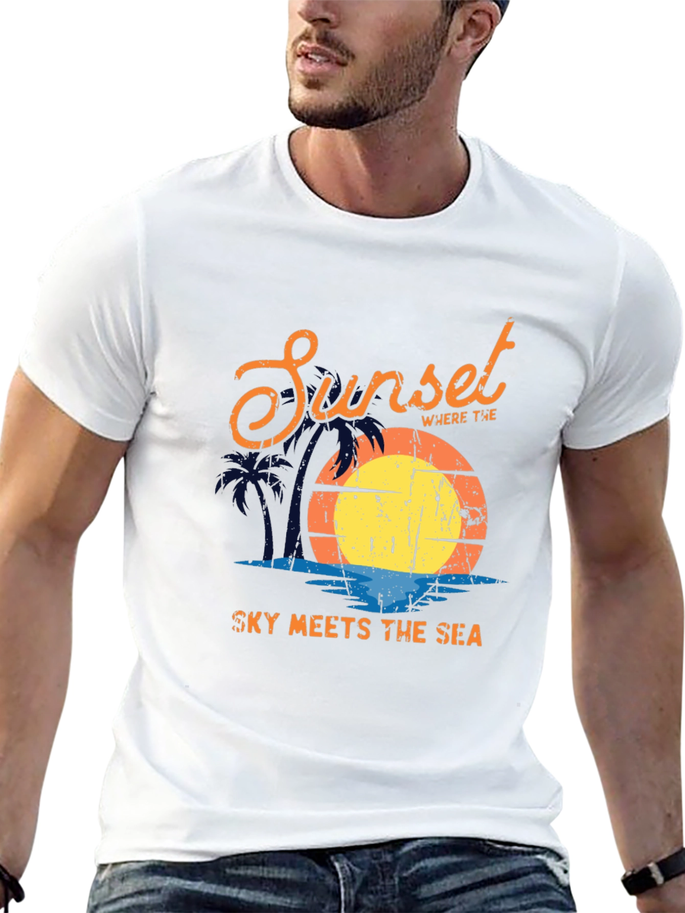 Sunset Sky Meets Sea Graphic Black T-Shirt