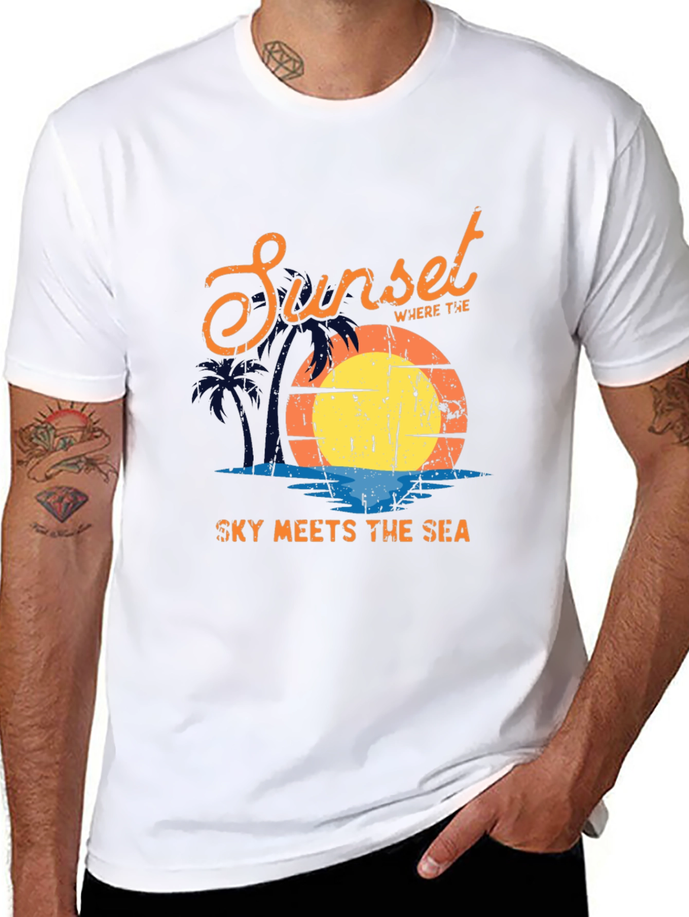 Sunset Sky Meets Sea Graphic Black T-Shirt