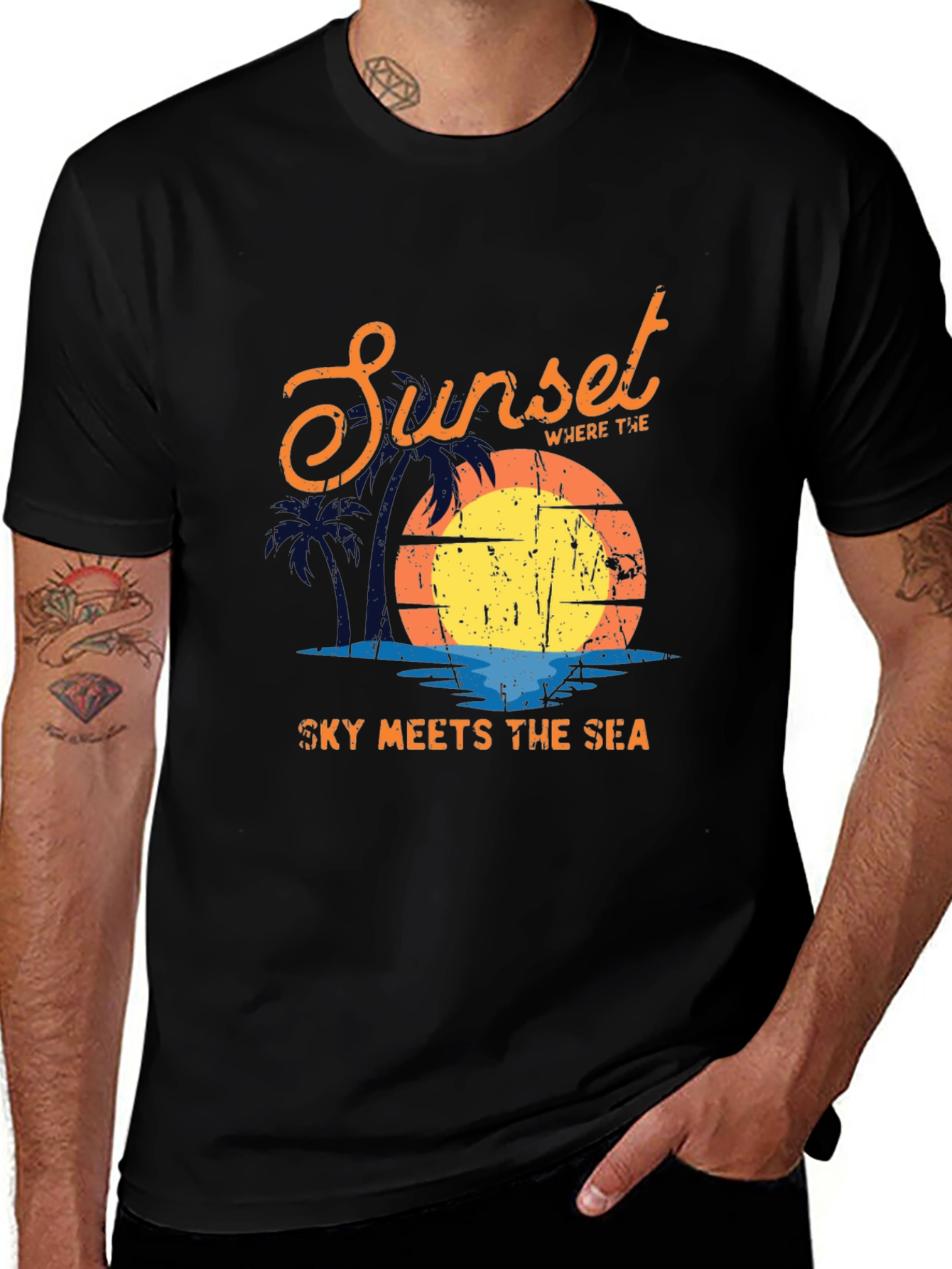 Sunset Sky Meets Sea Graphic Black T-Shirt