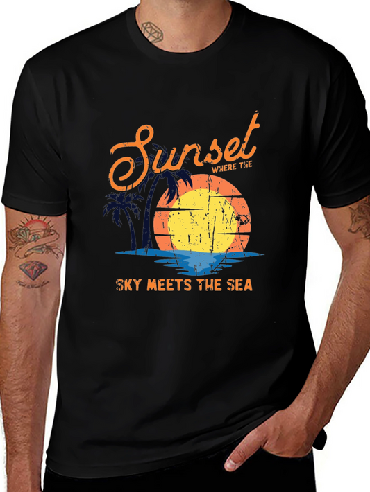 Sunset Sky Meets Sea Graphic Black T-Shirt
