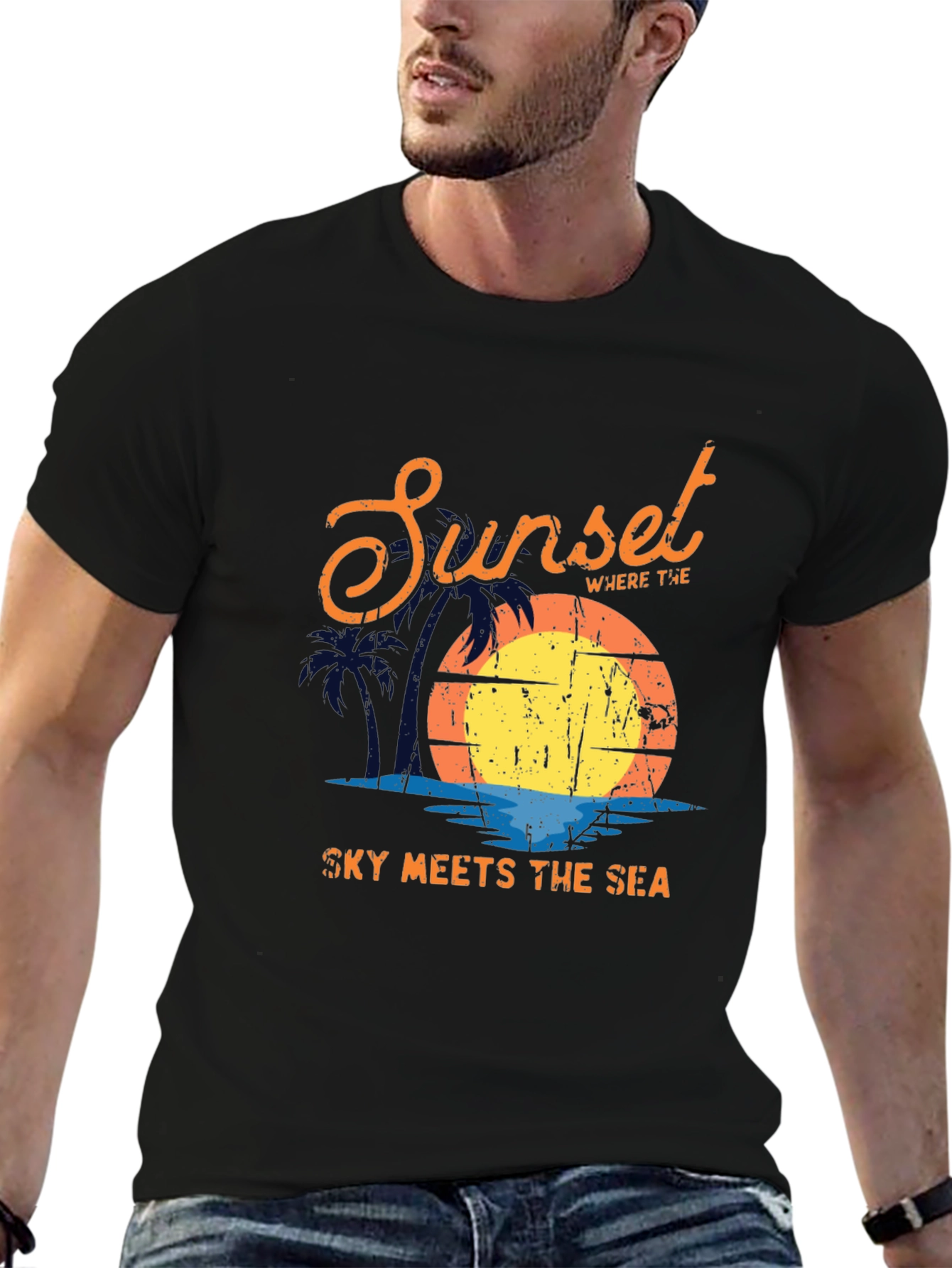 Sunset Sky Meets Sea Graphic Black T-Shirt