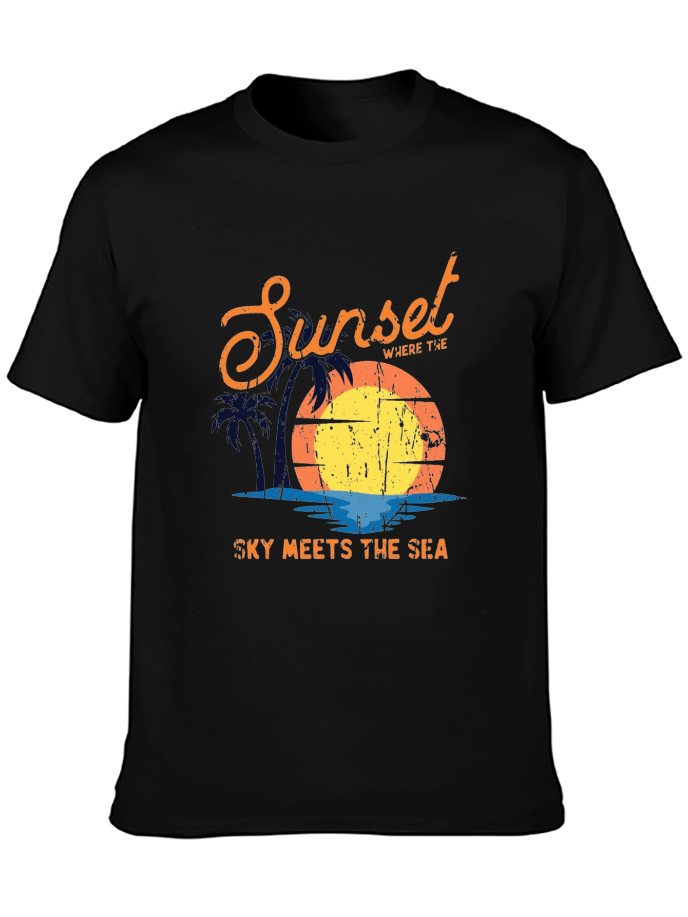 Sunset Sky Meets Sea Graphic Black T-Shirt