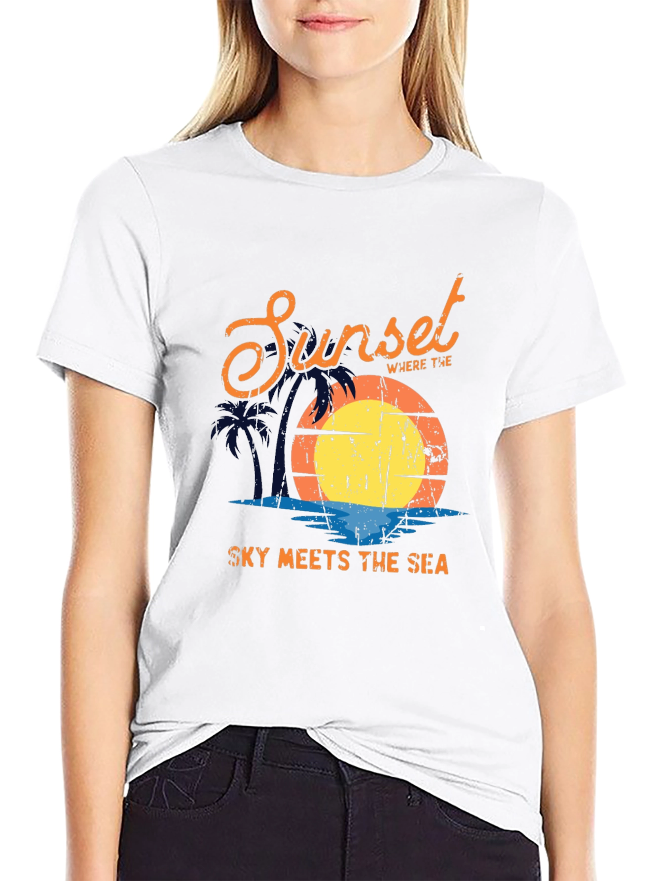 Sunset Sky Meets Sea Graphic Black T-Shirt