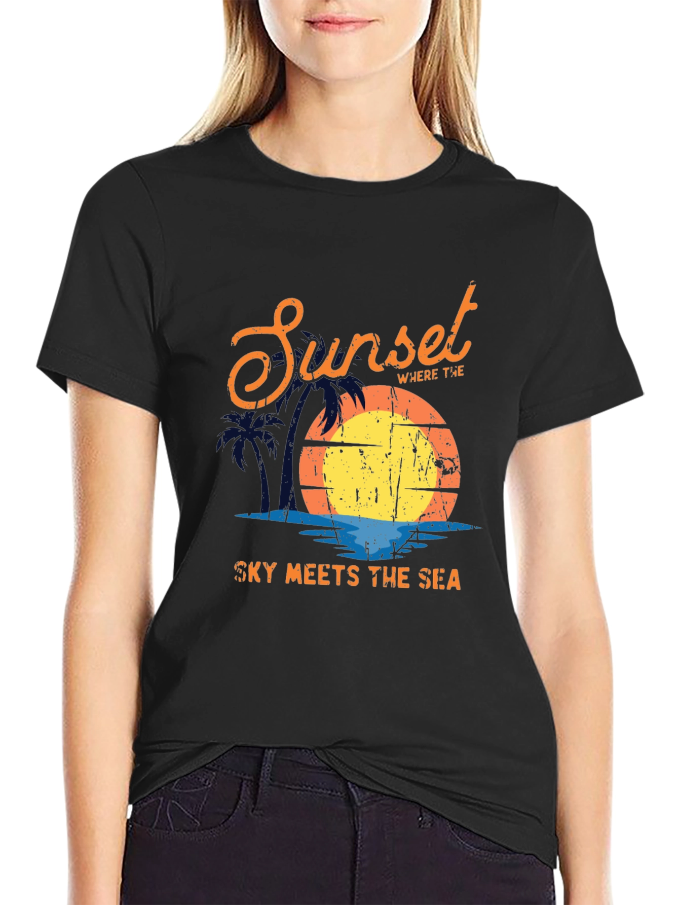 Sunset Sky Meets Sea Graphic Black T-Shirt