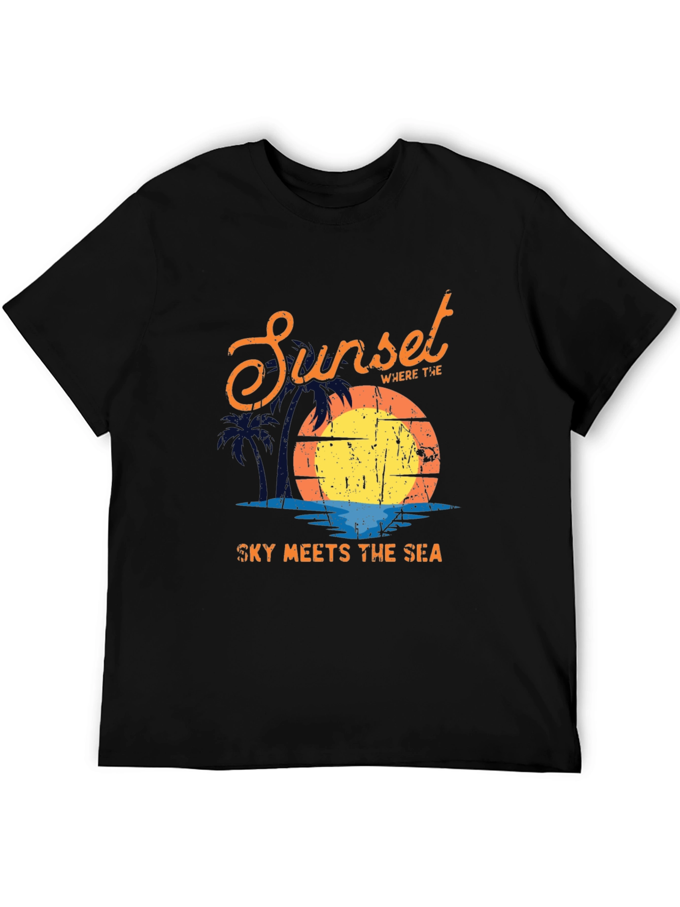 Sunset Sky Meets Sea Graphic Black T-Shirt