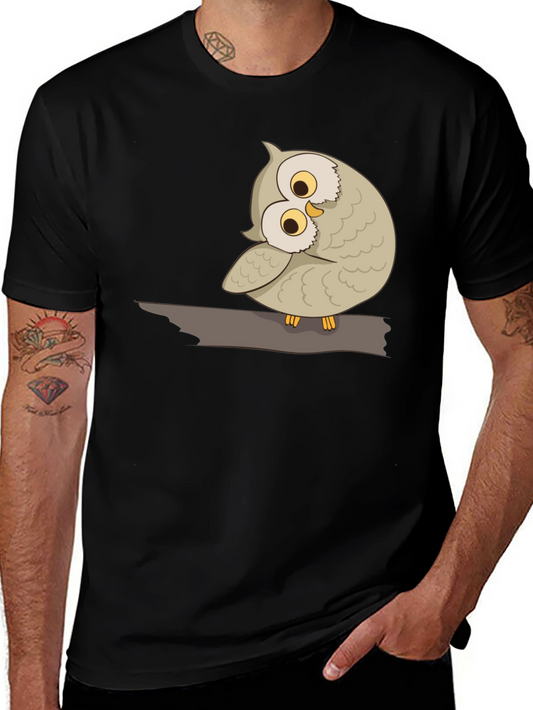 Cute Owl on Branch Graphic Tee - Black Cotton T-Shirt