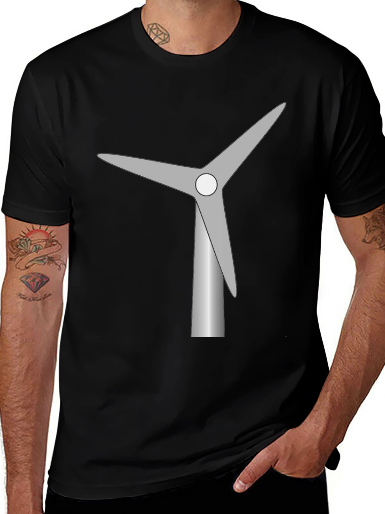 Wind Turbine Graphic Tee - Black Cotton T-Shirt