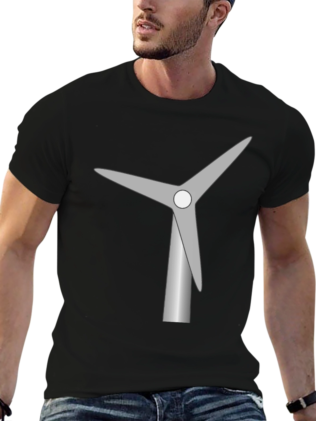 Wind Turbine Graphic Tee - Black Cotton T-Shirt