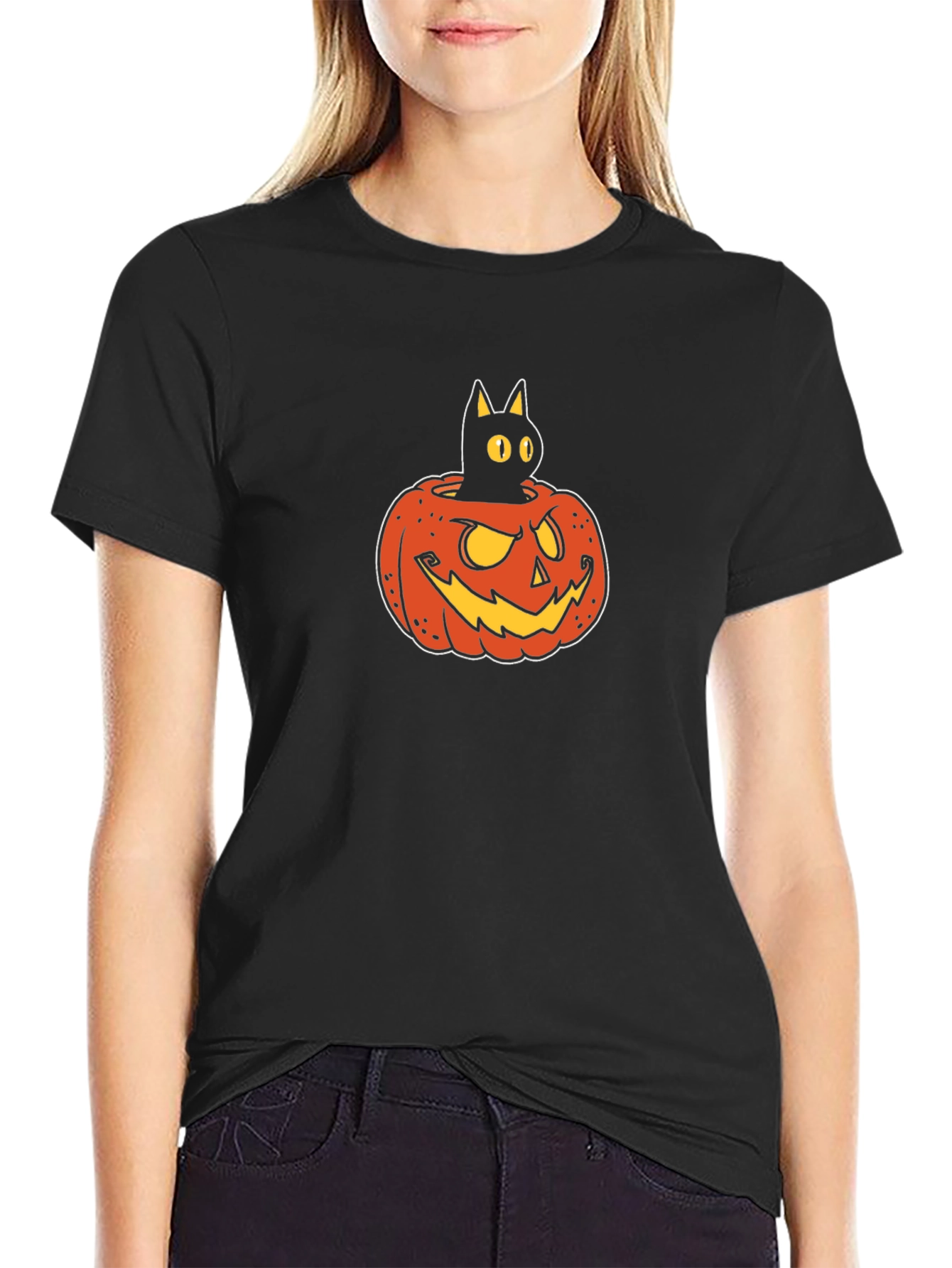 Halloween Black Cat Pumpkin Graphic T-Shirt
